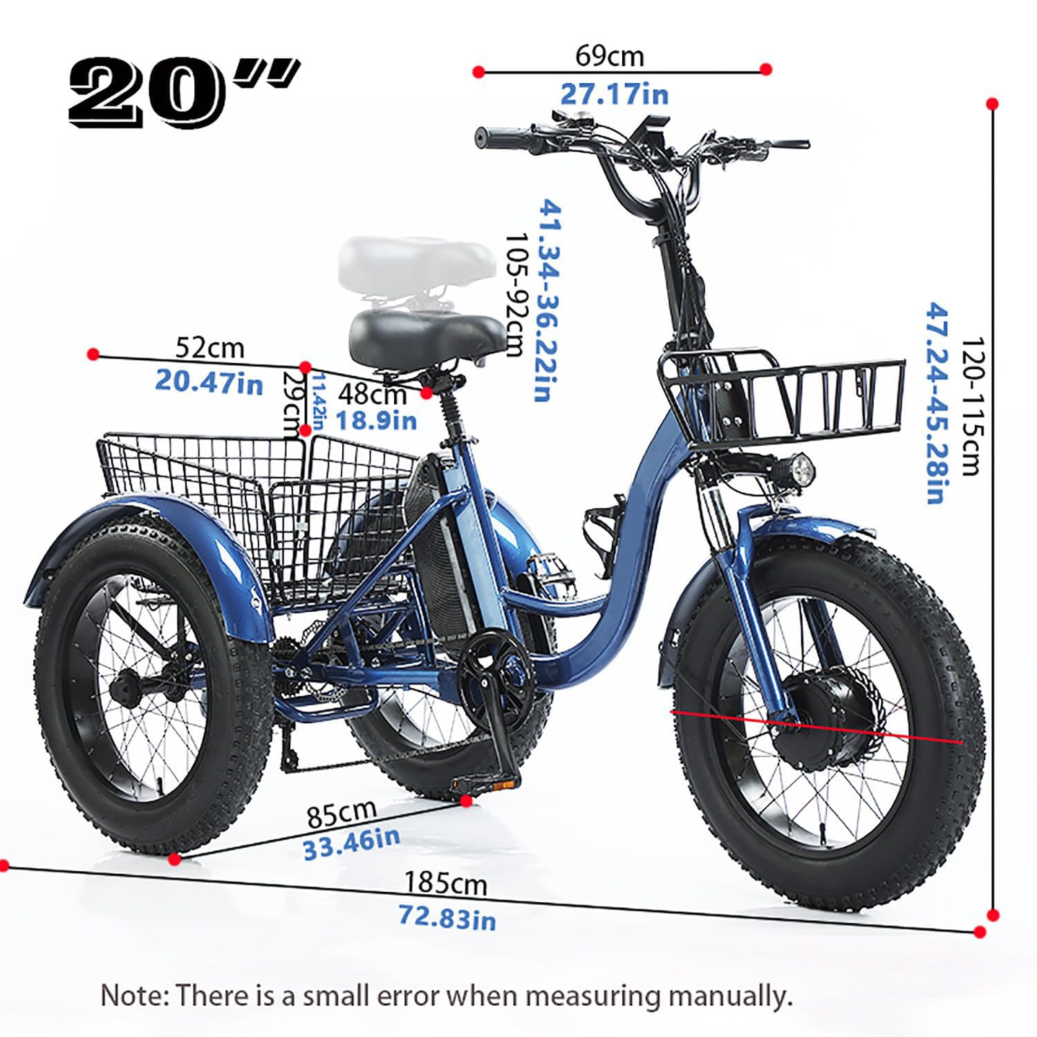 Triciclo elettrico per anziani, bici da neve con pneumatici larghi da 20'' a 7 velocità, cestini anteriori e posteriori, doppi freni a disco, display LCD, autonomia di 35 km, carico massimo