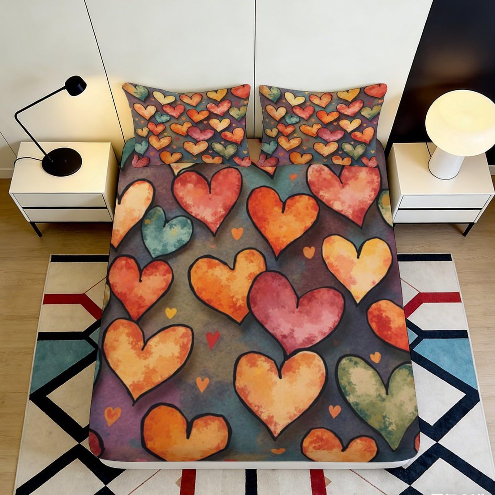 Pnayamiorkfel Style-8 3D Printed Watercolor Heart Pattern Fitted Sheet Microfiber Soft Slip-Resistant Mattress Cover For Bedroom Decor 90X200x25cm