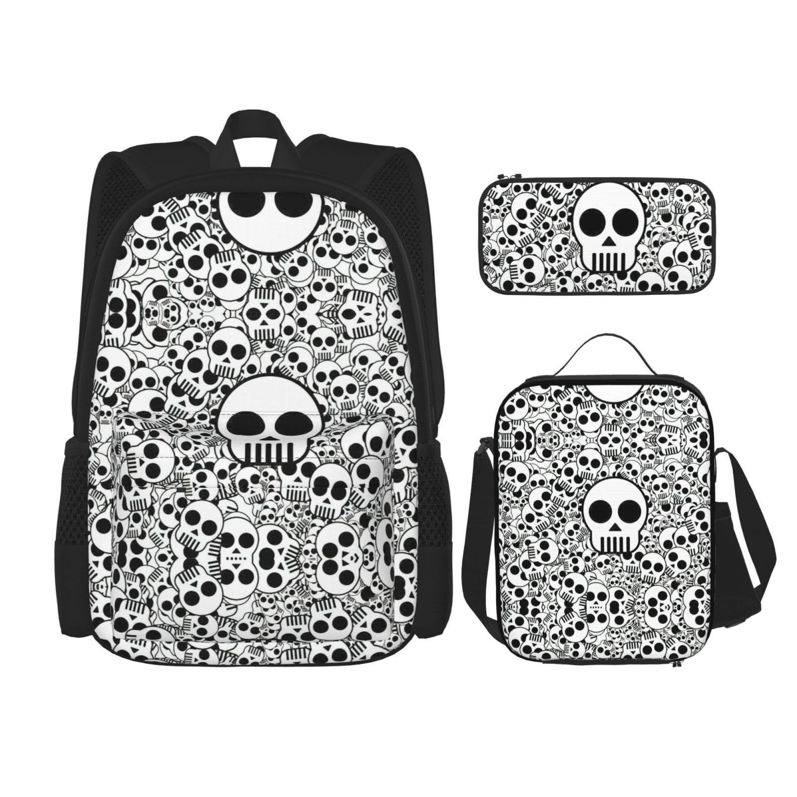 Juego de 3 mochilas escolares con estampado de calaveras en blanco y negro, mochila para laptop de gran capacidad resistente al agua con bolsa de almuerzo aislada y estuche para lápices para