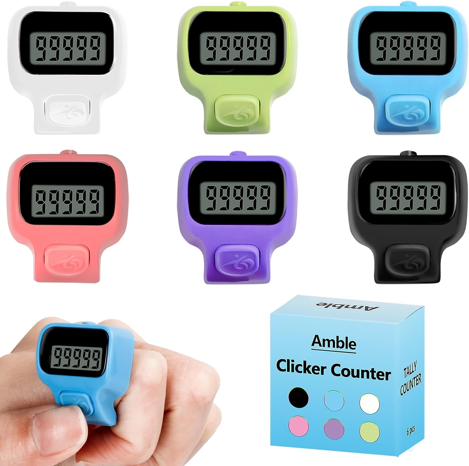 Amble 6 Pack Electronic Finger Clicker Counter - Durable Tally for Knitting, Crochet, Golf, Laps, Fishing & Inventory Counting