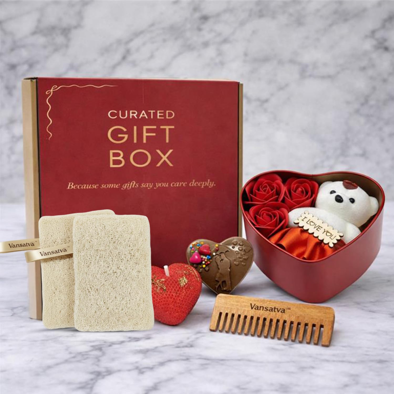 Vansatva Love in Every Lather Valentine Gift Box Pampering Bath Self Care Combo with Loofah Shampoo Comb Candle Chocolate Teddy Box Thoughtful Valentine Gift for Her or Him-image-13