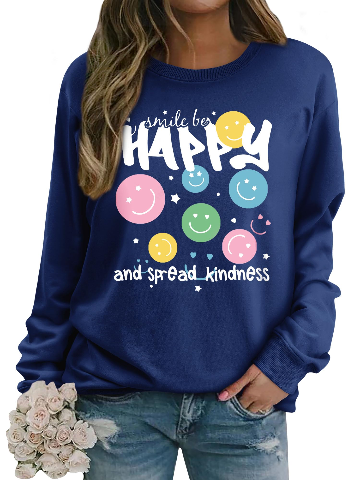 Dresswel Damen Sweatshirt Smile Brief Drucken Pullover Lustiges Lächelndes Rundhals Langarmshirt Baumwolle Pulli Herbst Winter Casual Oberteile Langarm Tops