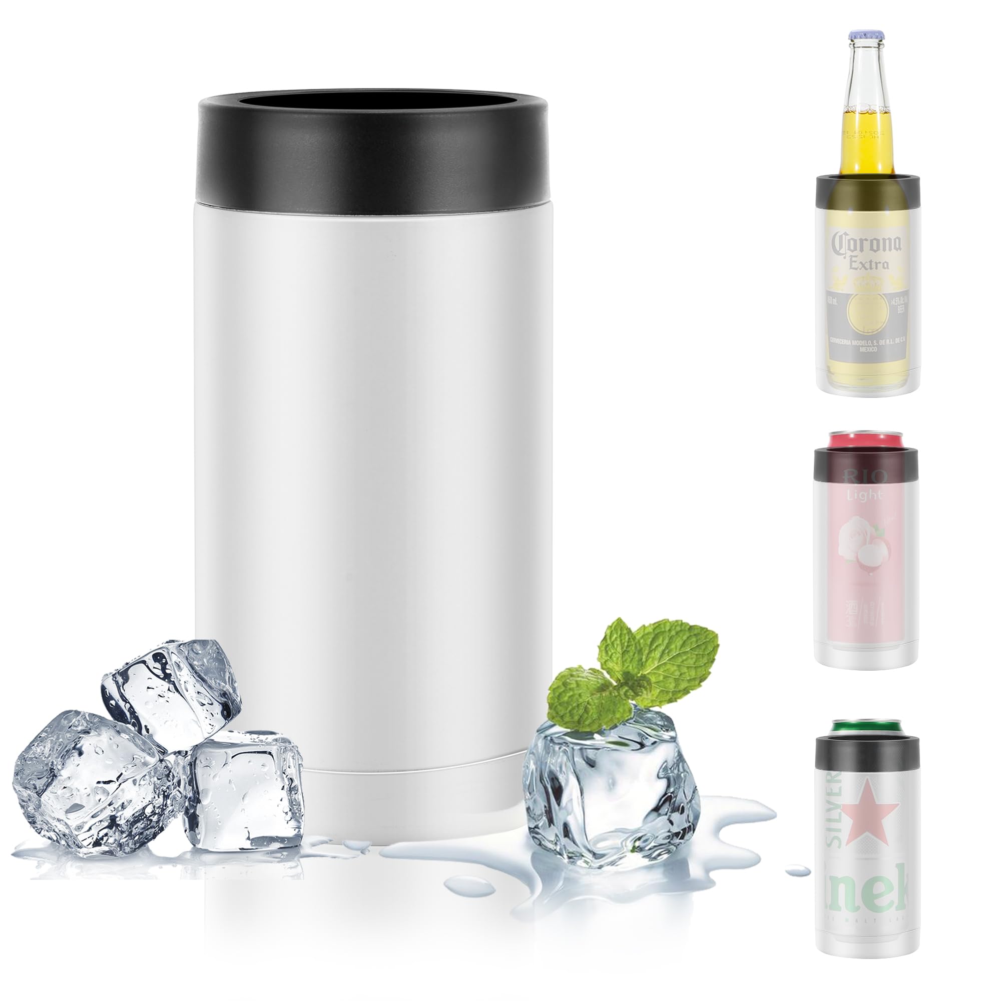 16oz Double wall Stainless Steel Insulated Can Cooler, Bottle or Tumbler for Slim Beer & Hard Seltzer Cans, Beer Bottle Holder (White)