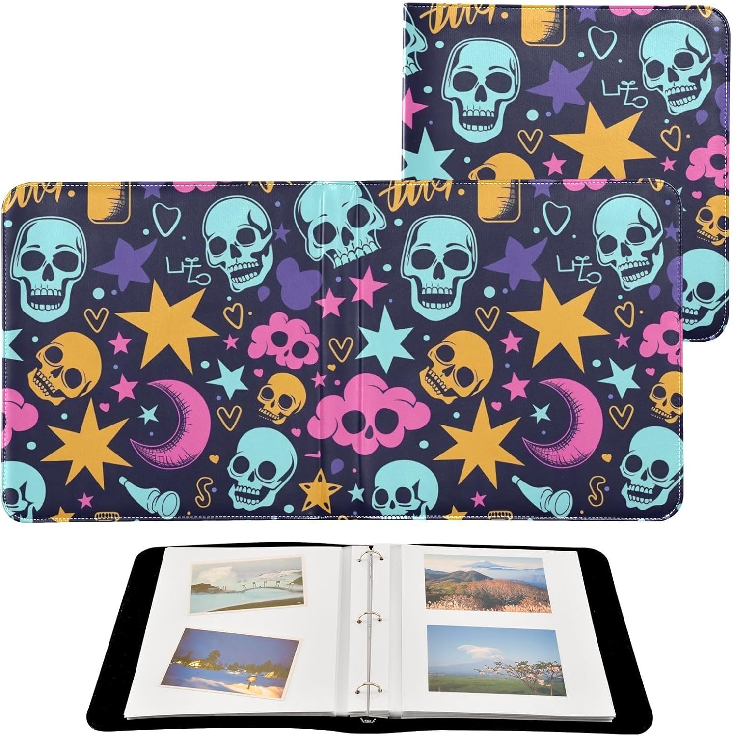 JIPONI Skull Graffiti Large Photo Album, DIY Leather Cover Scrapbook Albums for 4x6 5x7 6x8 Pictures, Self Adhesive Memory Book for Wedding, Baby, Family