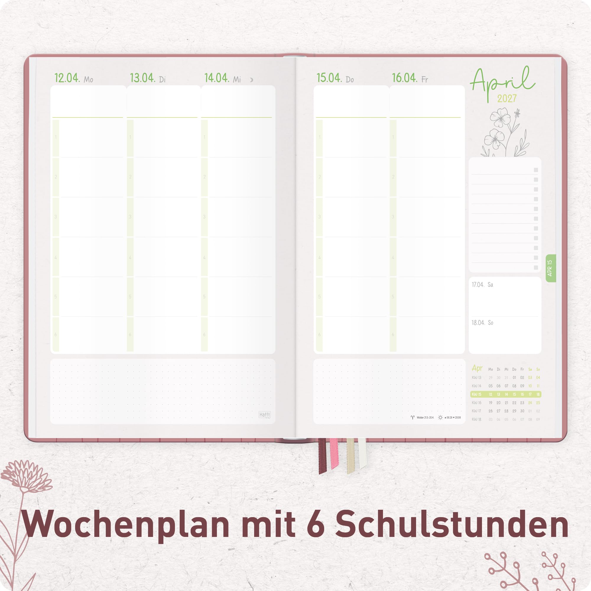 Häfft® Lehrerplaner Grundschule 2026/2027 im A4+ Format Hardcover - Schuljahr 12 Monate (Aug 26 - Jul 27) Lehrerkalender & Unterrichtsplaner für Klasse 1–4 "Fine Flowers rosé"
