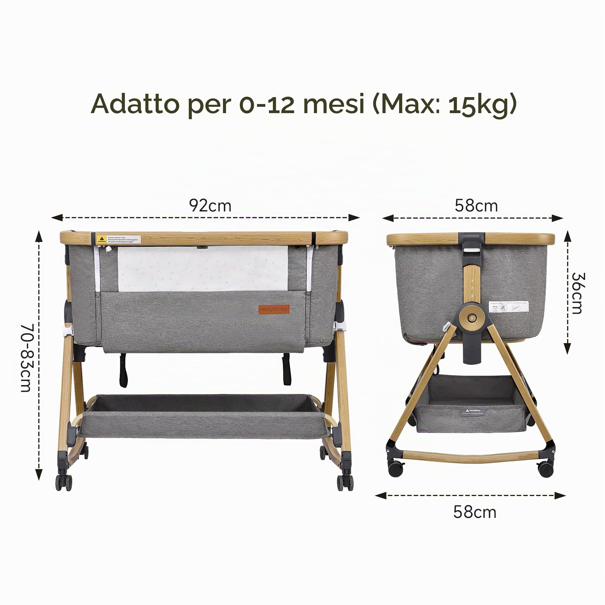 Maydolly Beistellbett 3 in 1 Lettino Portatile per Bambini con Rete Traspirante e Lenzuolo, Carrozzina Regolabile Lettino. (grigio)