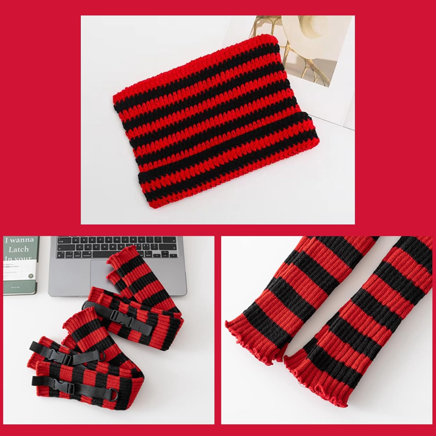 Therian Stuff Cat Ear Beanie Knitted Striped Arm Warmers Leg Warmers Y2k Emo Grunge Accessories - Image 6