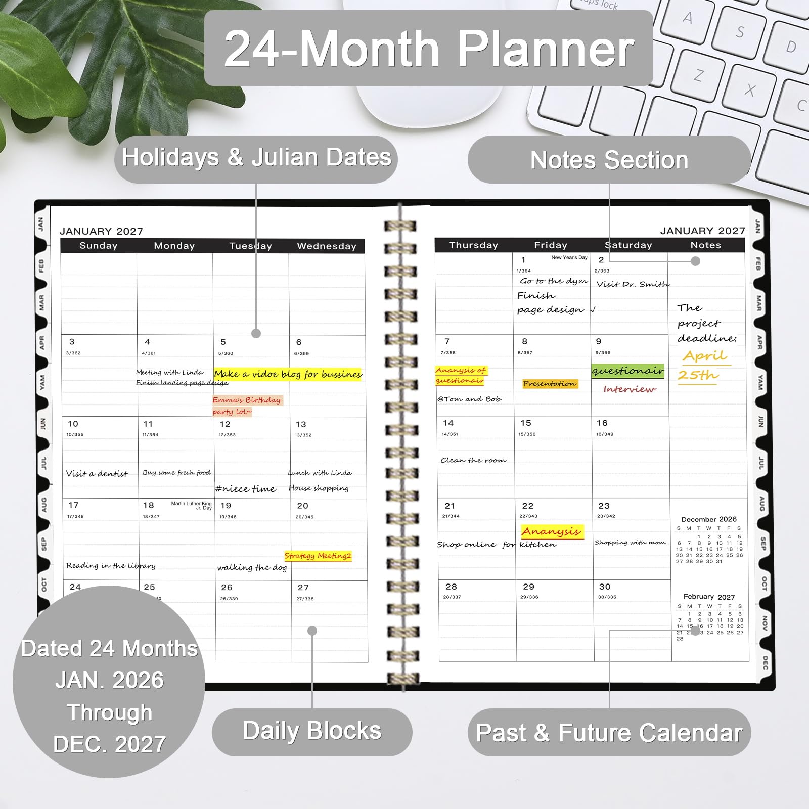 Ymumuda Agenda mensile 2024-2025, planner 24 mesi, da gennaio 2024 a dicembre 2025, 21,6 x 27,9 cm, planner grandi con ampio spazio di scrittura, tasca interna e linguette rivestite, perfetto per