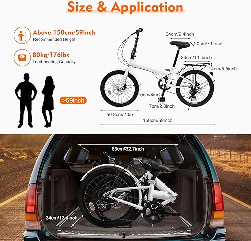 Miniatura 13 de Bicicleta plegable de 20 pulgadas, bicicleta plegable para adultos con cambio de 7 velocidades, bicicleta de altura ajustable para hombres y mujeres