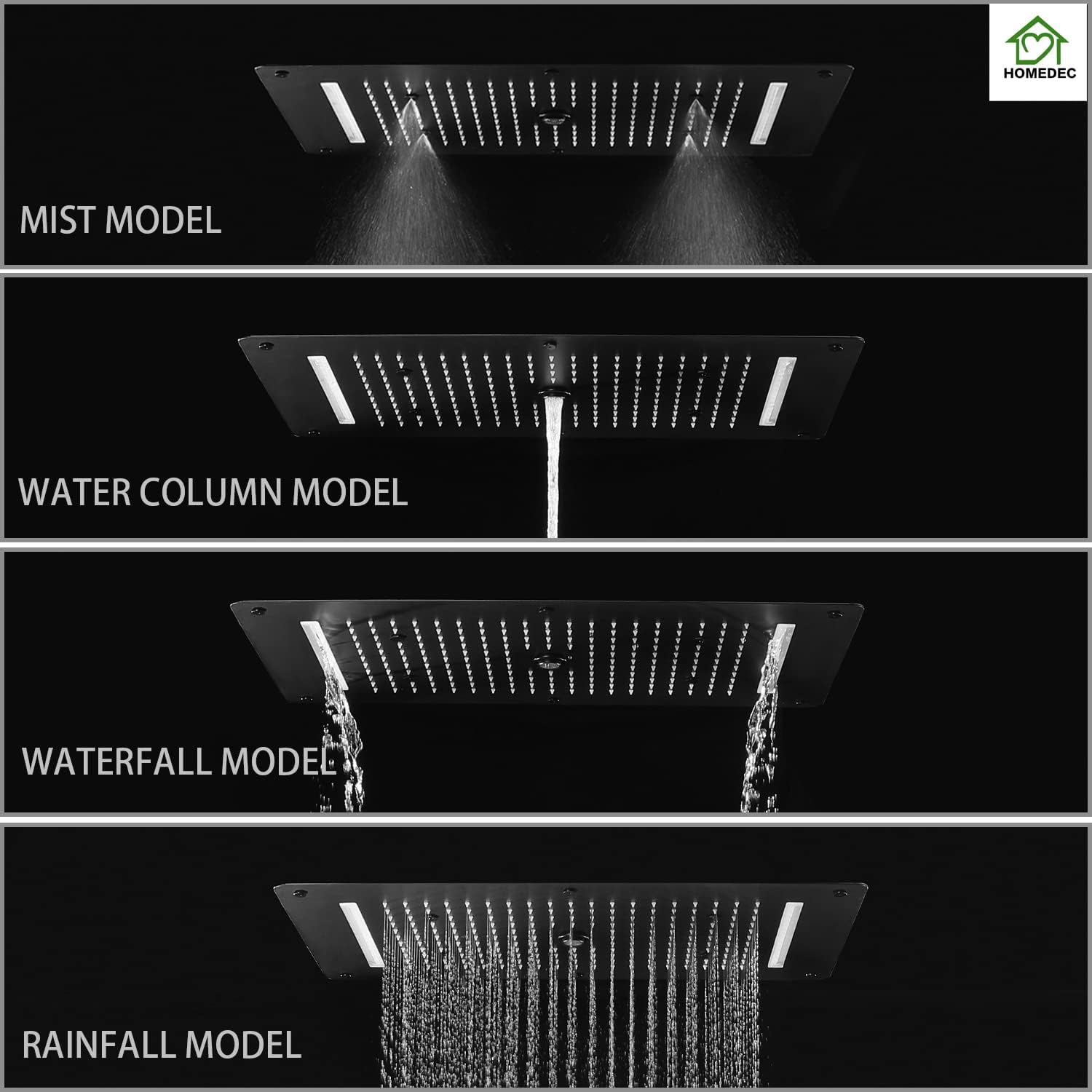 HOMEDEC 4 Functions Rain Waterfall Shower System with 6pcs Body Jets Spray, 14.96 x 27.56inch Rainfall Mist Shower Faucet Set Complete with 6 Way Shower Mixing Valve, Matte Black
