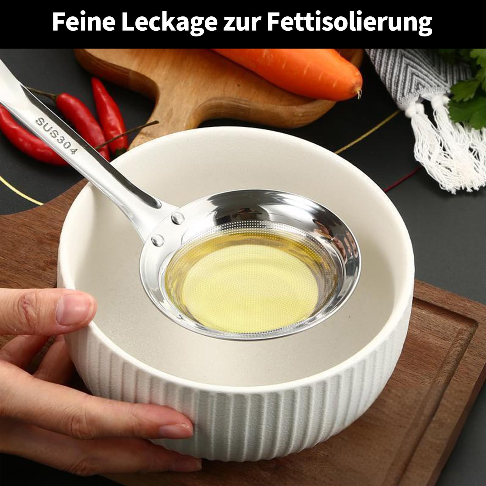 Łyżka cedzakowa, łyżka ze stali nierdzewnej, łyżka do smażenia, chochla do smażenia z drobnym sitkiem, małe sitko, sitko do kuchni, odtłuszczacz, chochla do oleju, pianki, resztek żywności (L)
