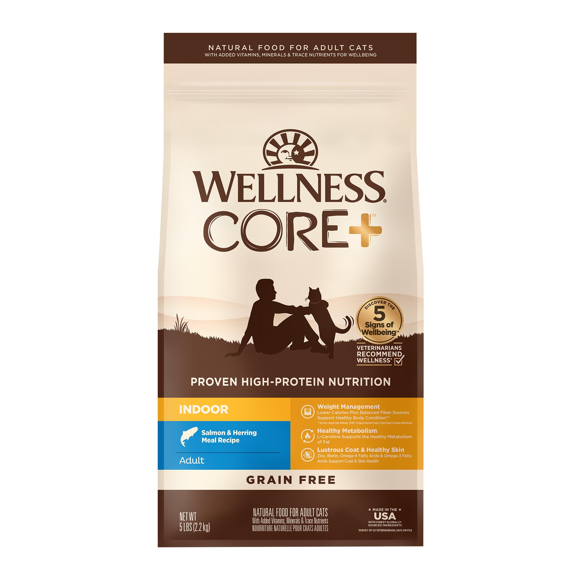 WellnessCORE+ Adult Dry Cat Food for Indoor Cats, Grain-Free, Natural, Salmon and Herring Meal (5 Pound Bag)