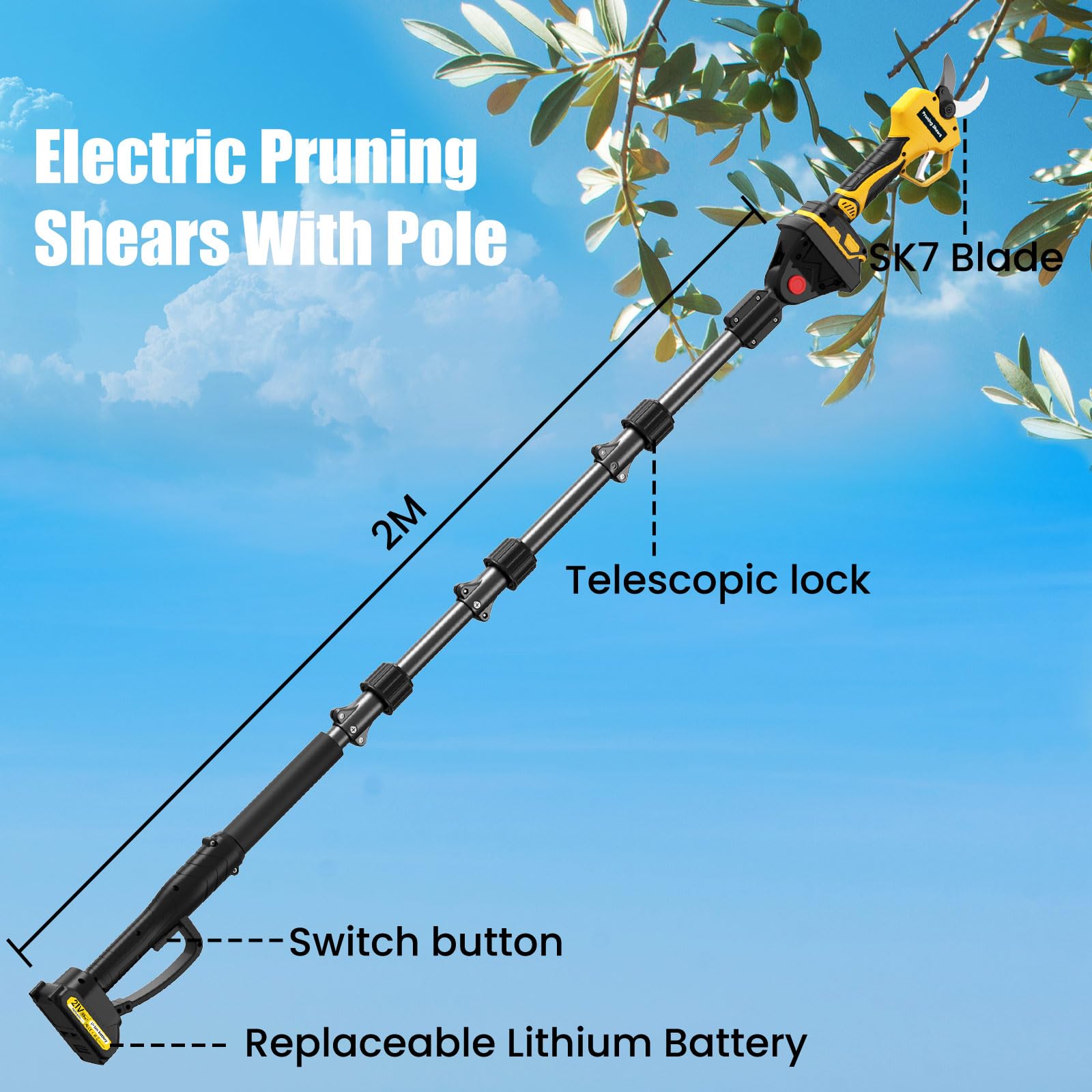 Tijeras De Podar Electricas, 50mm Tijeras De Podar Bateria, Con varilla de extensión, pantalla, motor sin escobillas de 1000 W, 2 baterías de 2000 mAh, Duración de la batería de 4 a 8 horas