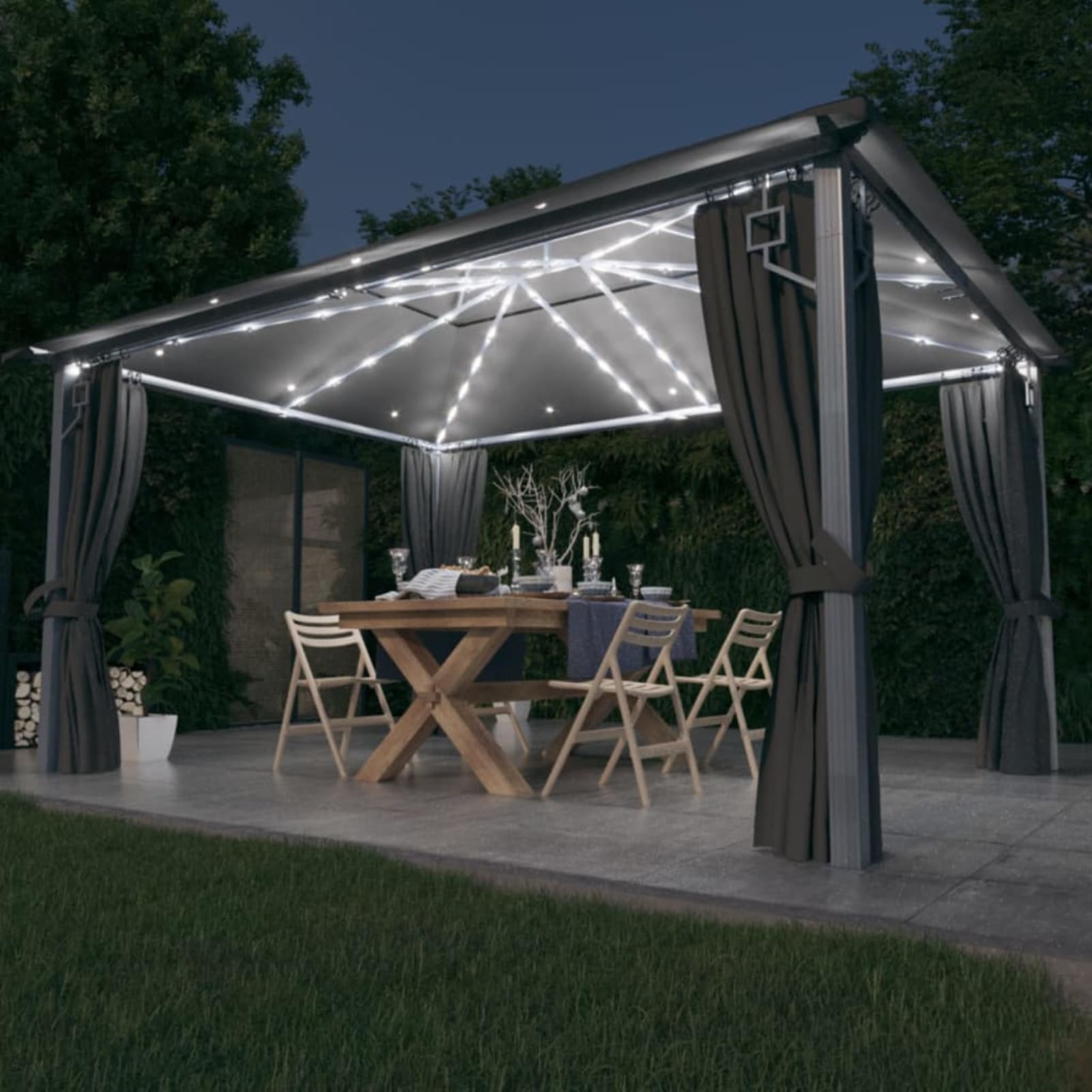 Homgoday Altana zewnętrzna, altana z zasłonami i światłami LED 400 x 300 cm Antracyt Aluminium, altana zewnętrzna do ogrodu balkonowego tarasu, składana altana ogrodowa,