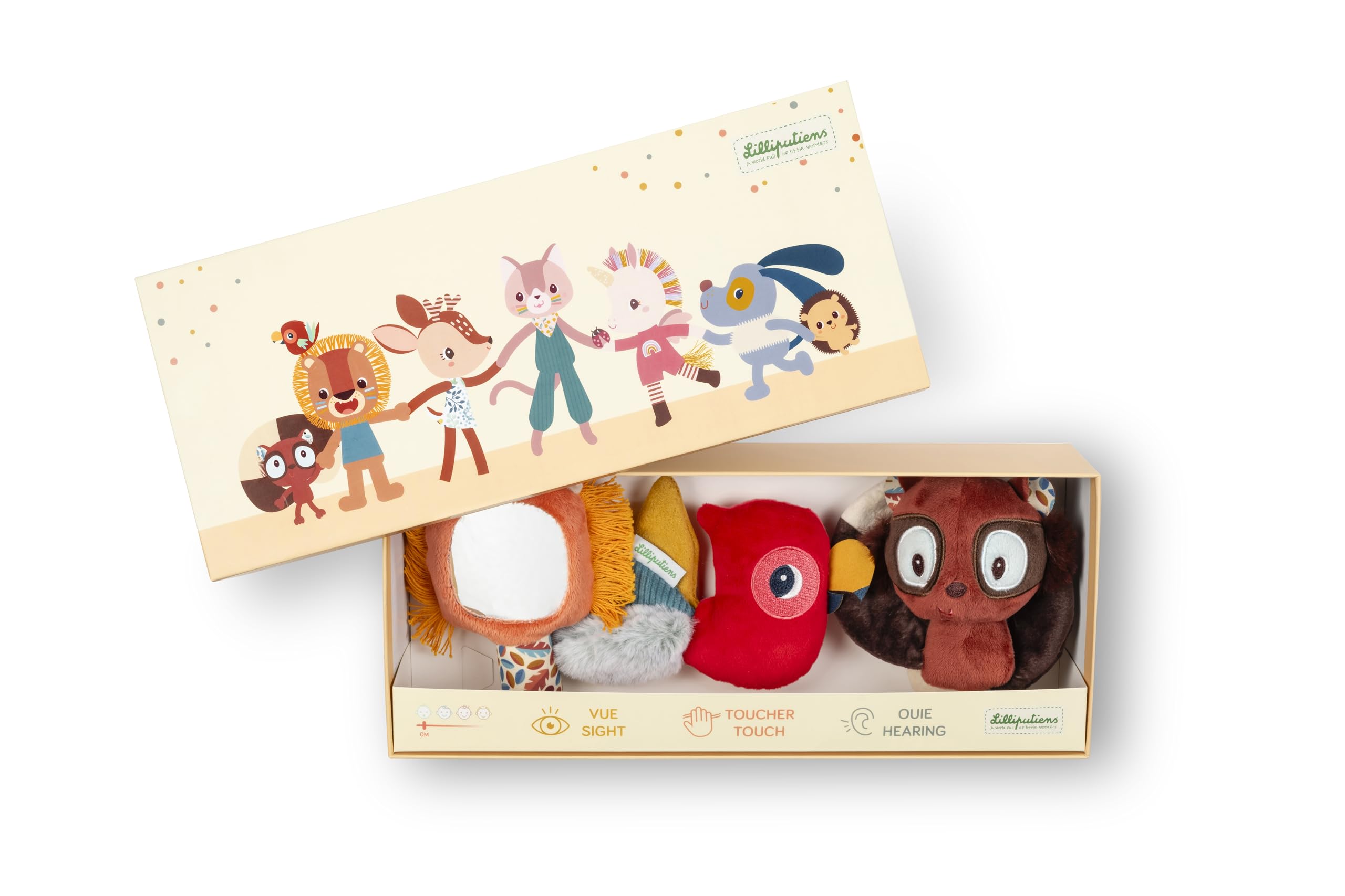 Lilliputiens - Set de 3 Hochets Sensoriels - Jack & Ses Amis - Jouets d'Eveil Colorés - Stimulent 3 Sens : La Vue, Le Toucher & l’Ouïe - Boite Cadeau - Dès La Naissance - 83588