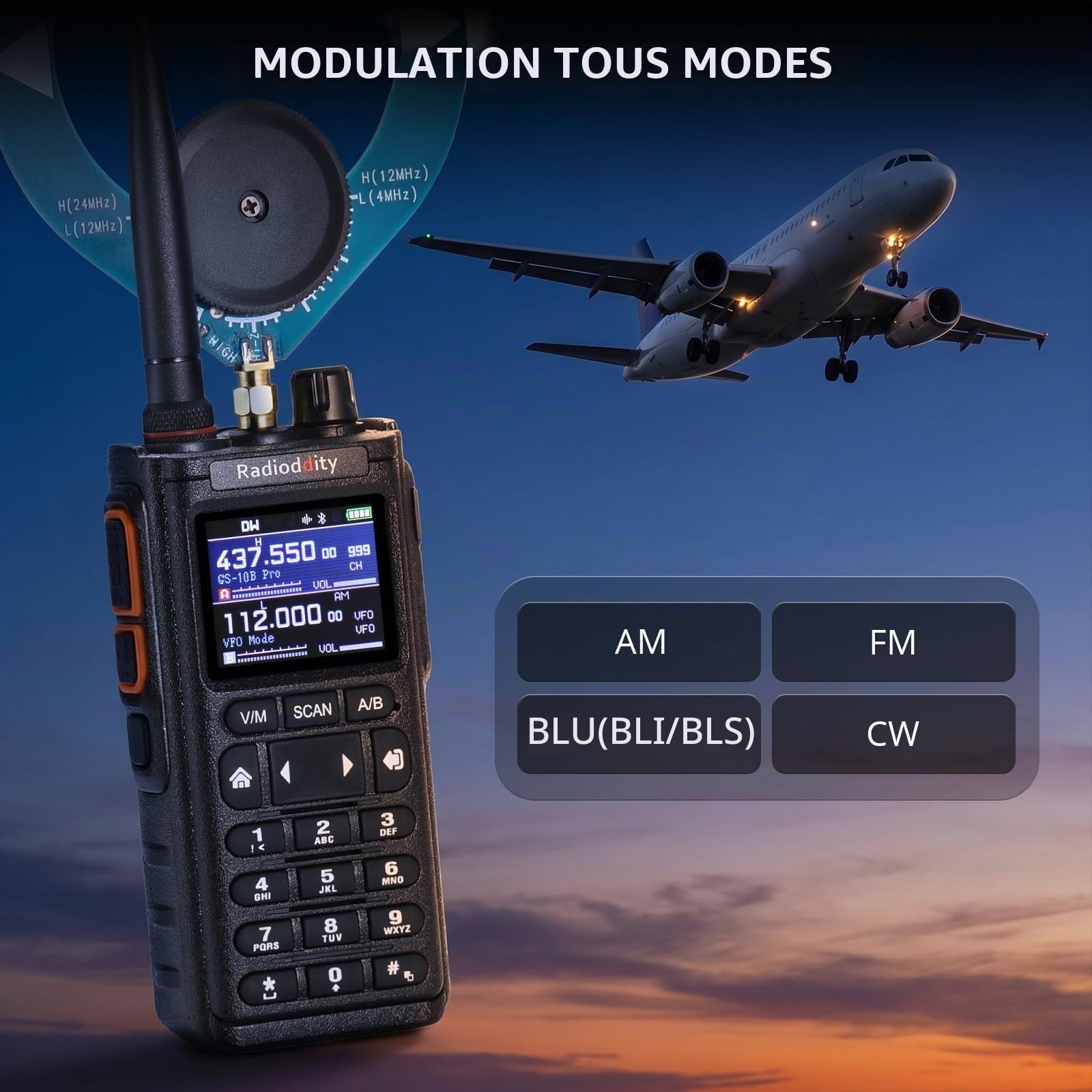 Radioddity GS-10B Pro Talkie-Walkie Radioamateur, 8W Bi-Bande, Spectre Temps Réel, Récepteur HF SSB CW Bande Aviation, Prog App, 999 Canaux, Antennes Donut SW/MW, HT Portable pour POTA & Field Day