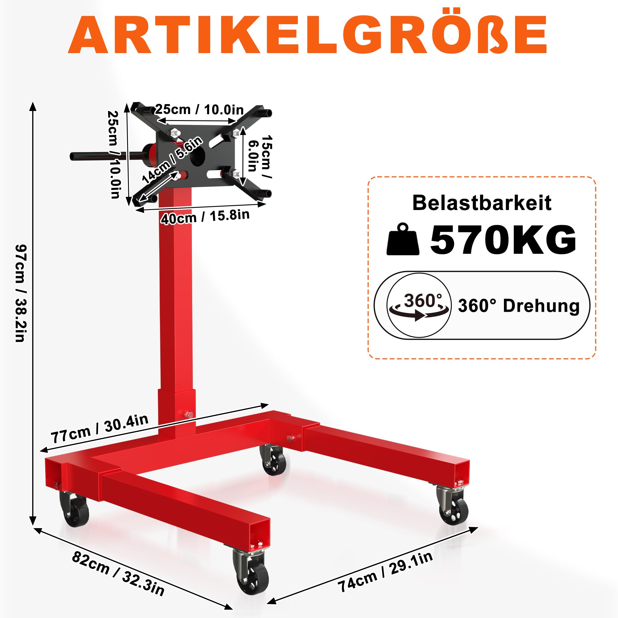 AufuN Soporte para motor de 570 kg, soporte del motor y soporte para engranajes giratorio 360°, elevador de motor de acero macizo, 4 brazos ajustables, 4 ruedas con rodamiento de bolas, soporte