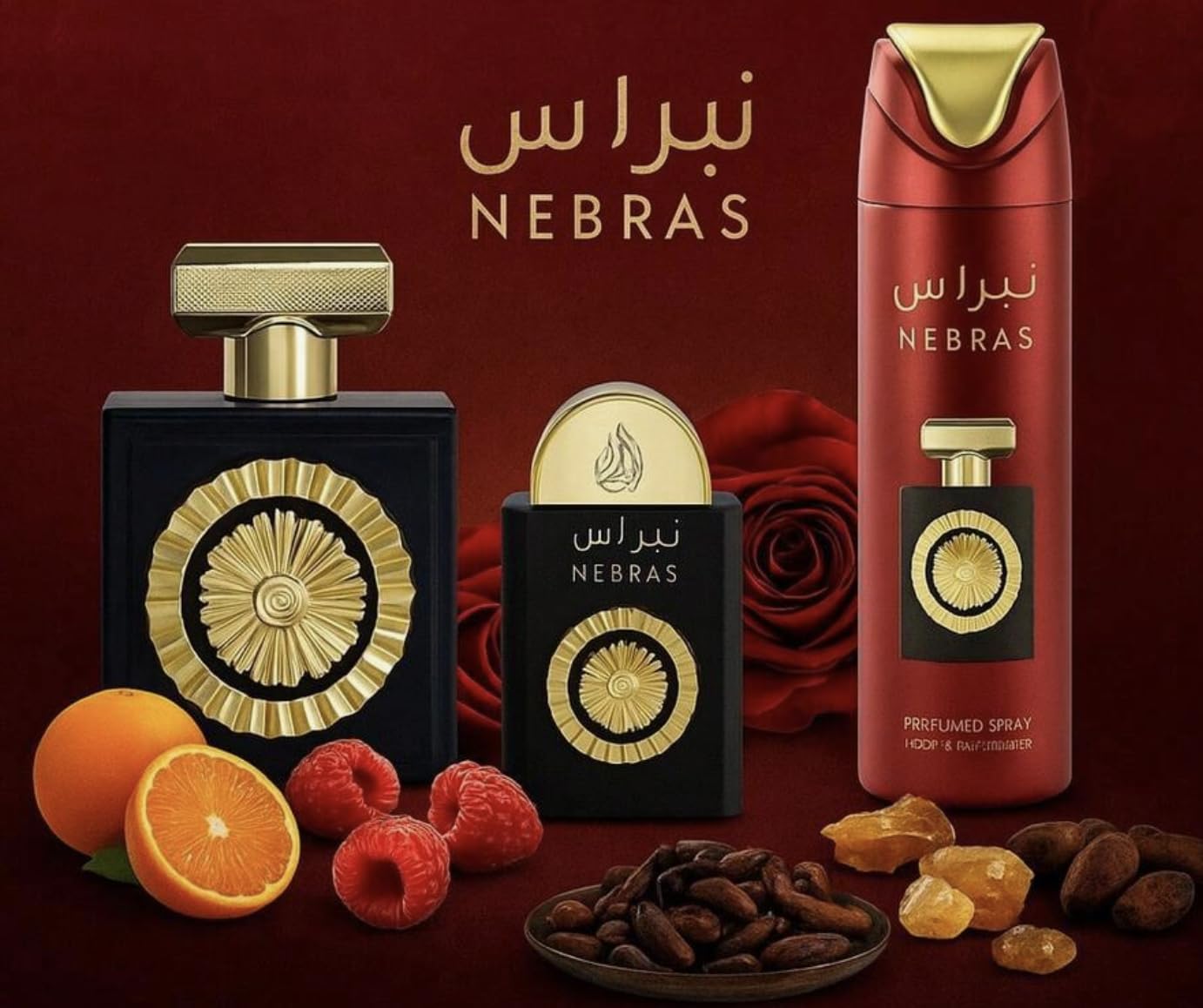 Nebras Gift Set Lattafa, Perfume Eau De Parfum 100ml + Mini Perfume 20ml + Desodorante 200ml + Atomizador Recargable – Fragancia Árabe Unisex Dulce Oriental con Vainilla y Cacao (Nebras Gift Set)