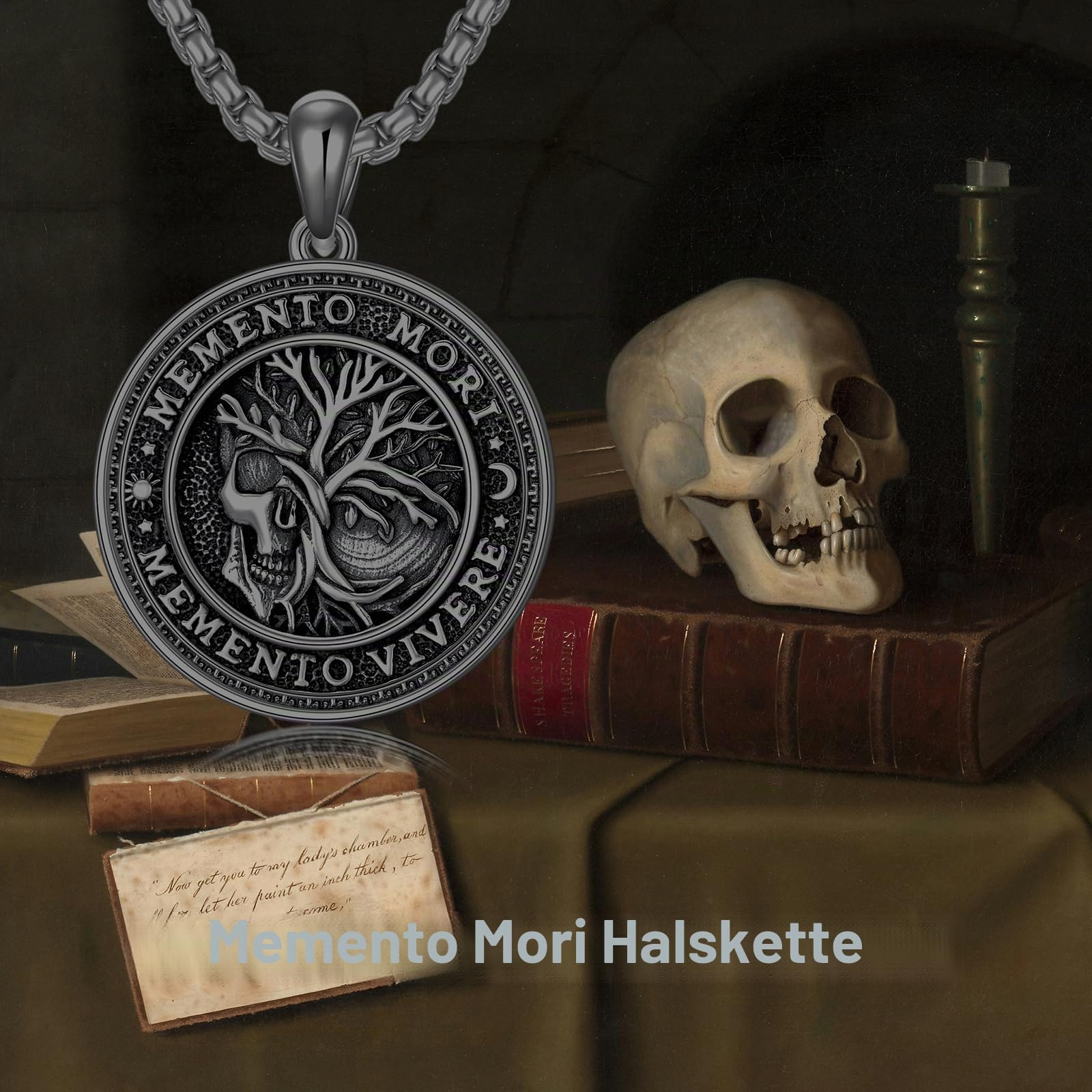 Memento Mori Halskette für Herren 925 Sterlingsilber Memento Mori Anhänger Lebensbaum Totenkopf Schutz Schmuck Geschenke 56 cm + 5,1 cm Kette