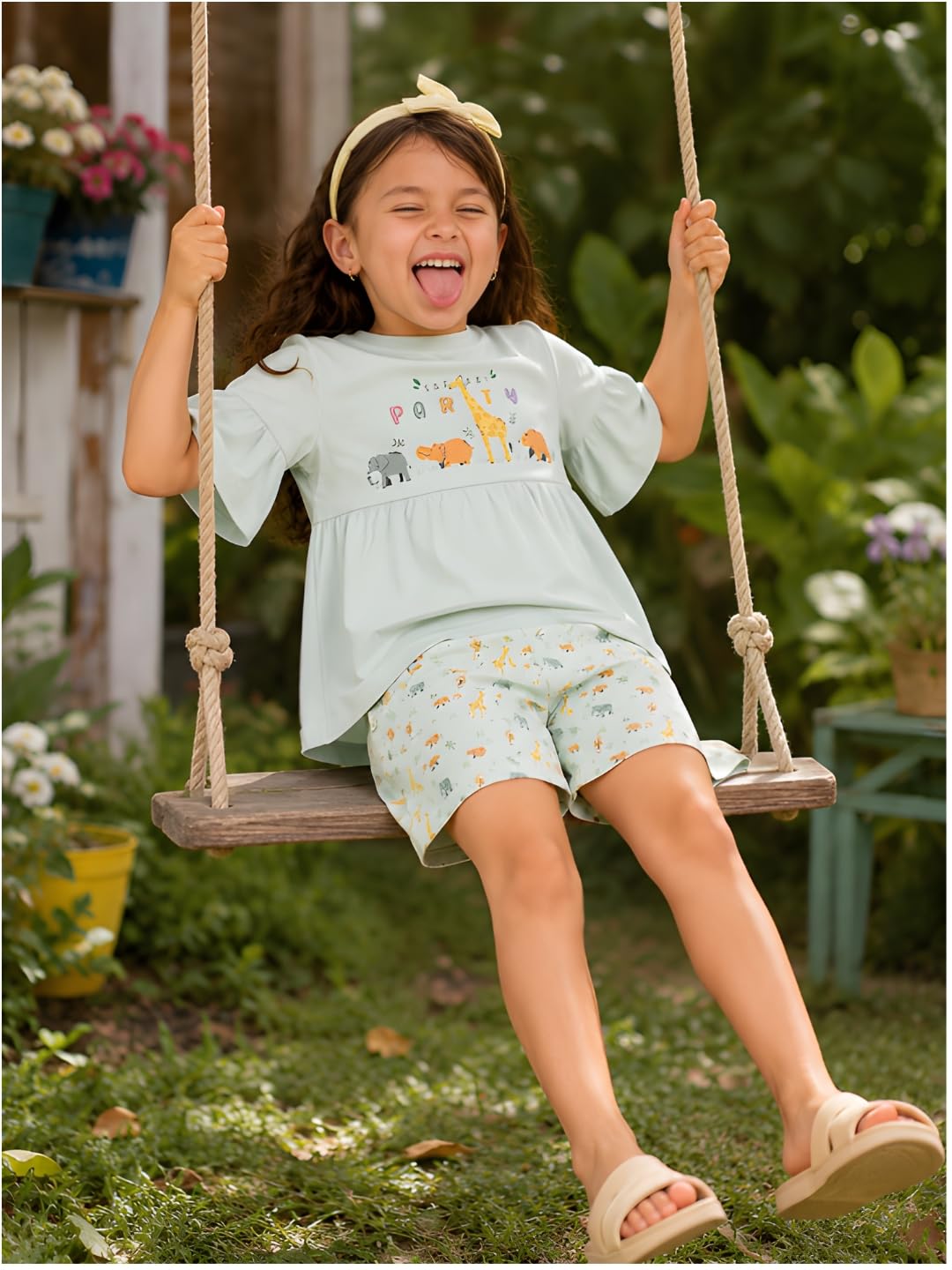 Pilolo Kids Playful Peplum Green Chest Print Flare Sleeves Comfortable Soft Cotton Pocket Top for Girls(8-9 Yr) 3
