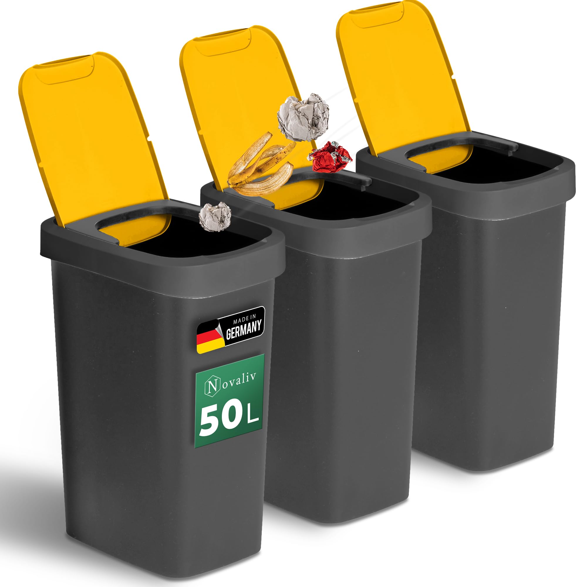 Novaliv Zestaw 3 koszy na śmieci 50 l z uchylną pokrywą, żółte, segregacja śmieci, do żółtego worka i opakowań, recykling, system segregacji odpadów, do kuchni, gospodarstwa domowego, biura, wiadro na
