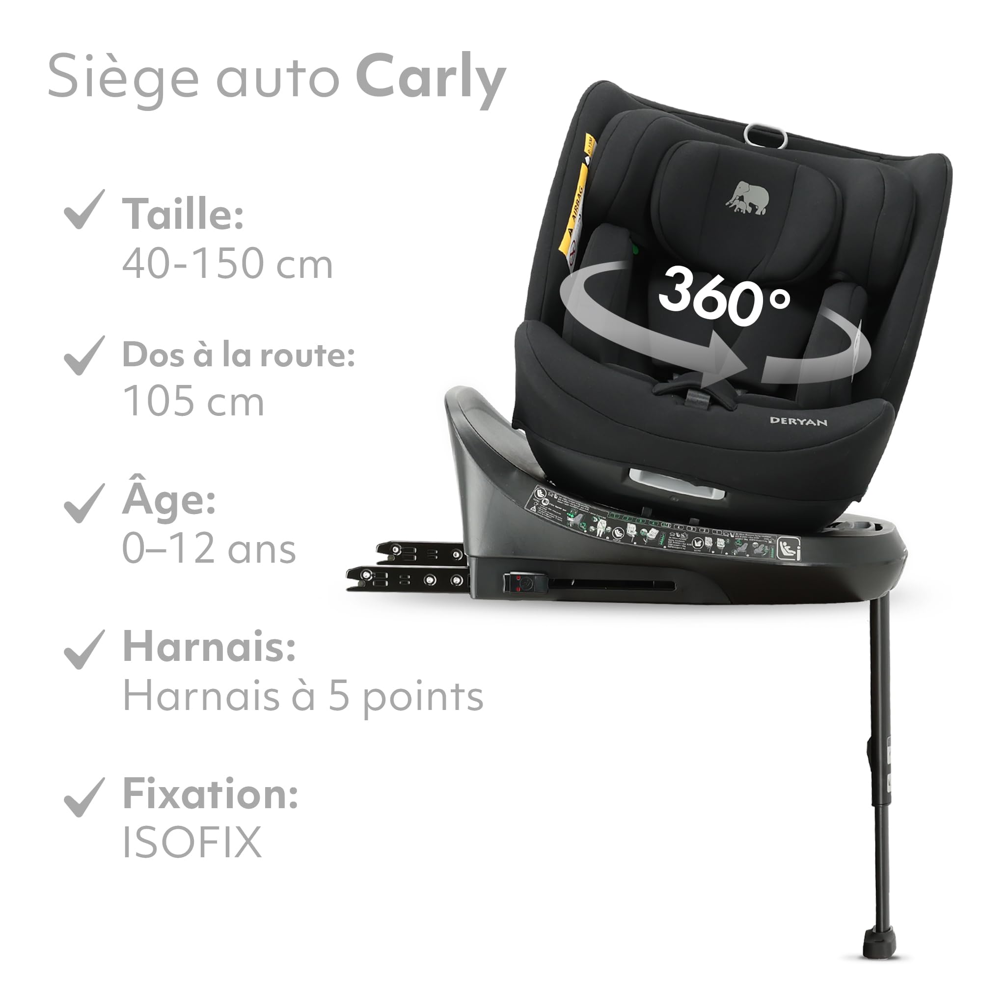 Deryan Carly Siège auto bébé, I-SIZE 40-150 cm, 360 Pivotant Isofix pour Groupe 0/1/2/3, Bébé de 0-12 ans, 0 à 36 kg Environ, ECE R129, 12 Positions d'Appui-tête, RWF, FWF Inclinaison (Noir)