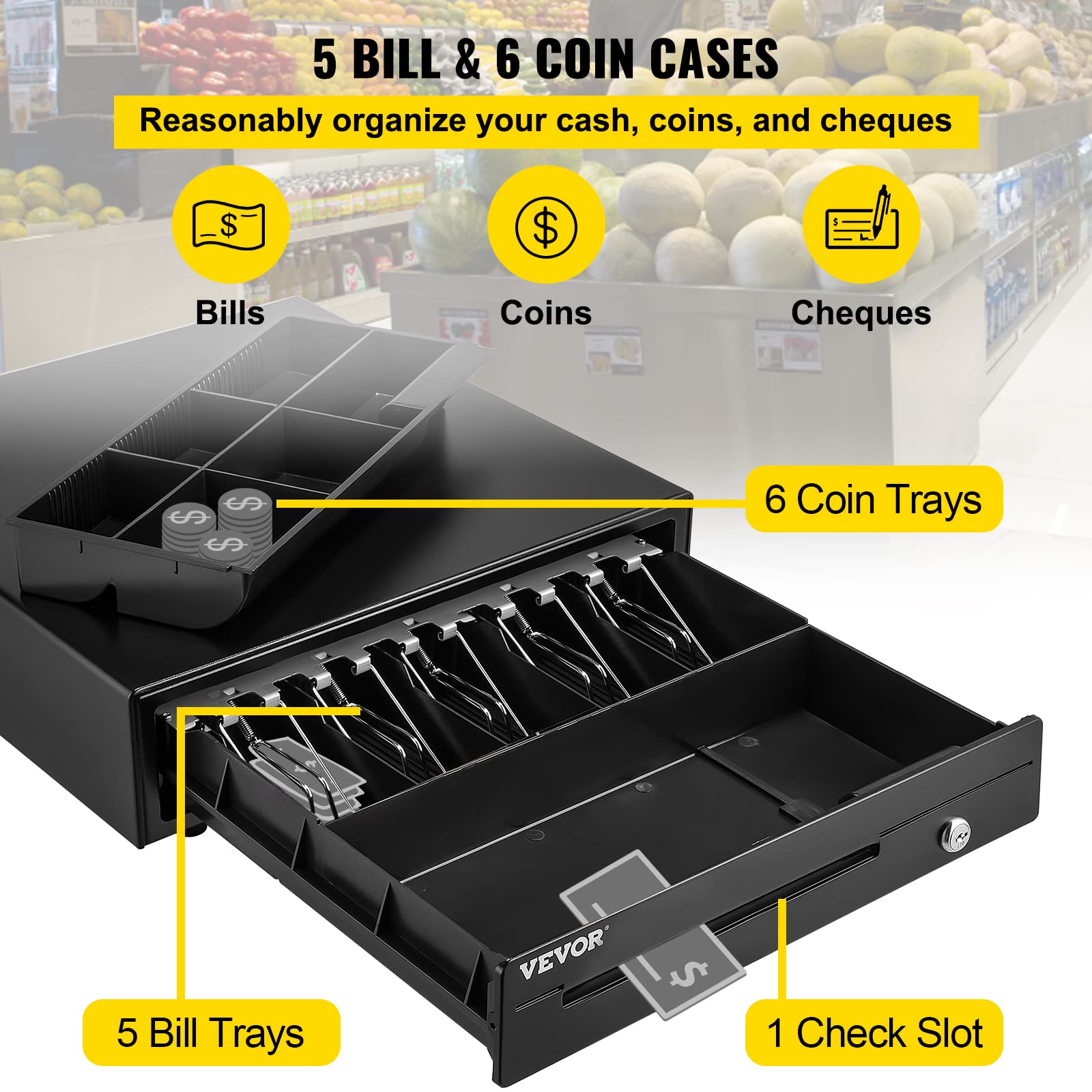 VEVOR Cassetto per Registratore di Cassa, Cassetto Portasoldi Apertura Automatico con 3 Metodi di Sblocco, Cassetta Portavalori con 5 Scomparti per Banconote e 6 per Monete, 41 x 42 x 10 cm (Nero)