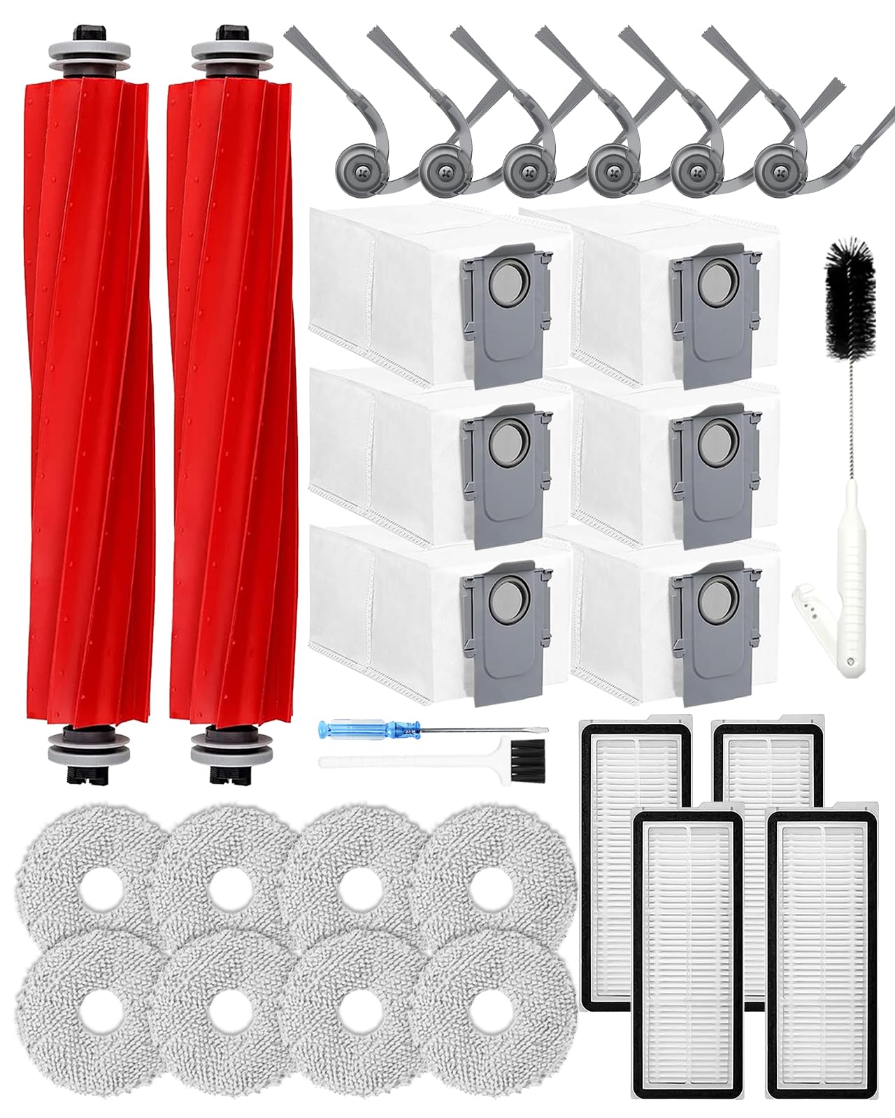 29PCS QV35S Accessories Sets for Roborock QV 35S/35A/QR 598/798/Qrevo S Pro Robot Vacuum Cleaners, Qrevo Series Replacement Parts: 2 Main Brushes 6 Dust Bags 4 HEPA Filters 6 Side Brushes 8 Mop Pads