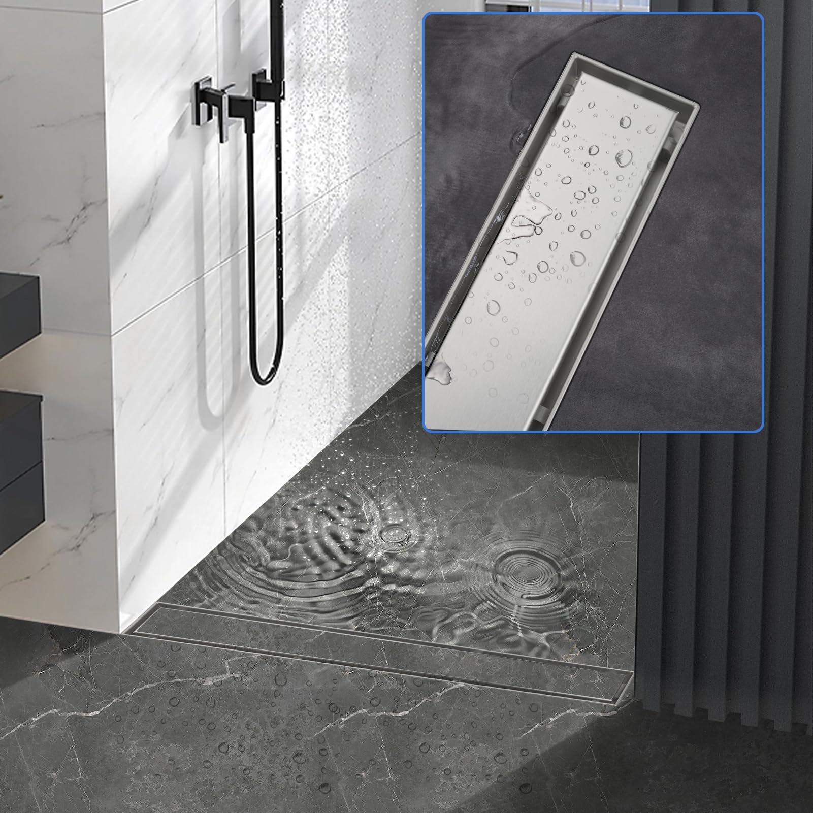 Caniveau de Douche 50 cm, 2 en 1 Caniveau Douche Italienne Extra Plate,Acier INOX, Avec Siphon à Bloqueur D'odeurs et Filtre à Cheveux,Drainage Rapide