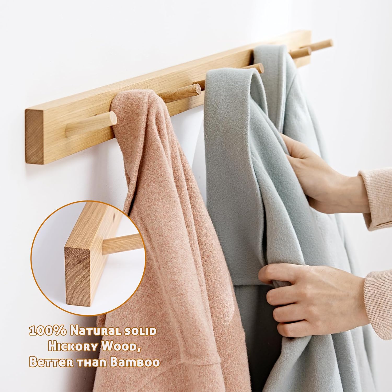 Wall Mounted Coat Rack 24 inches, Hickory Wood Wall Coat Hooks with 6 Hooks, Wooden Coat Hanger for Hanging Clothes Robes Towels Hats, Natural
