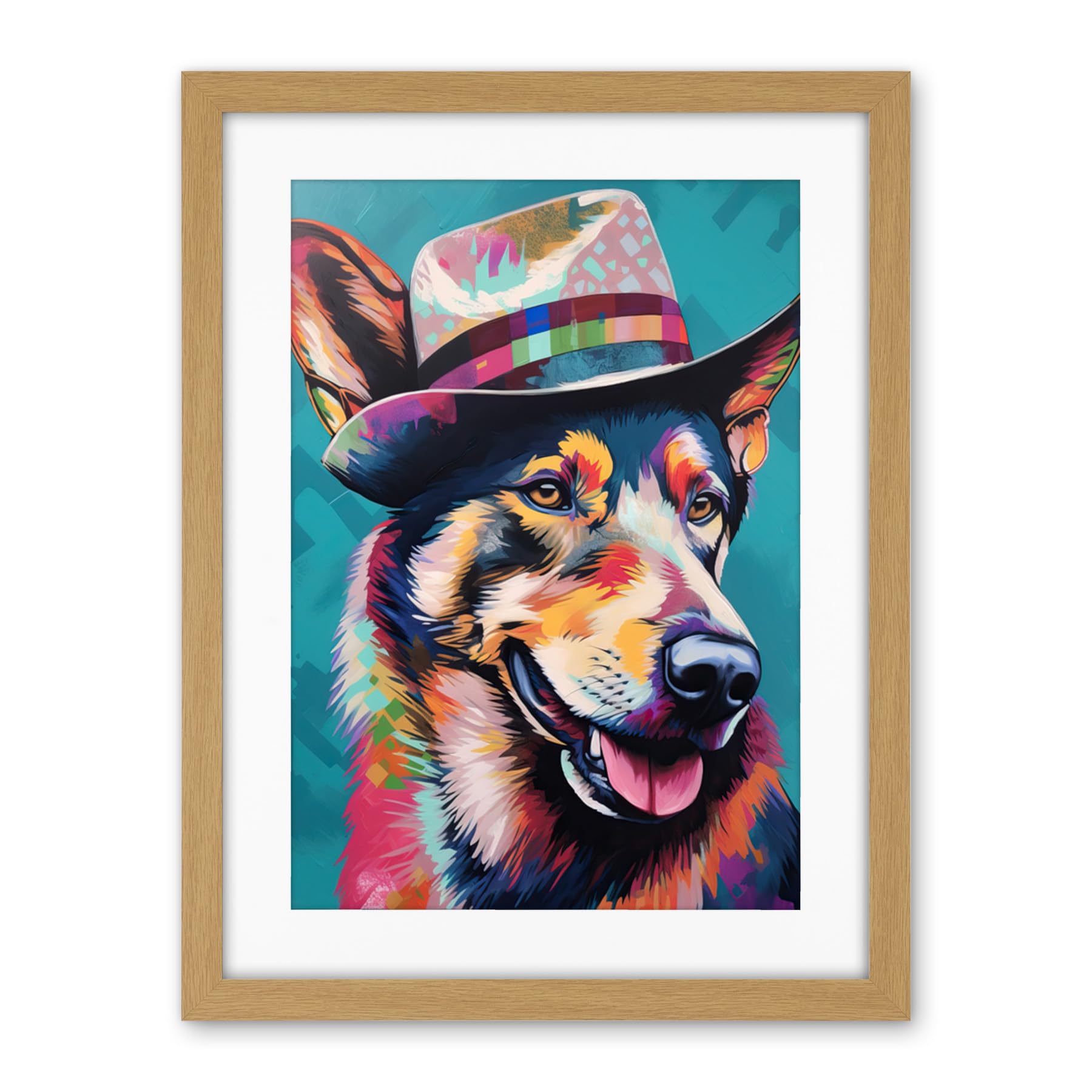 Artery8 German Shepherd with Fedora Hat Vibrant Portrait Artwork Framed Wall Art Print 18X24 Inch