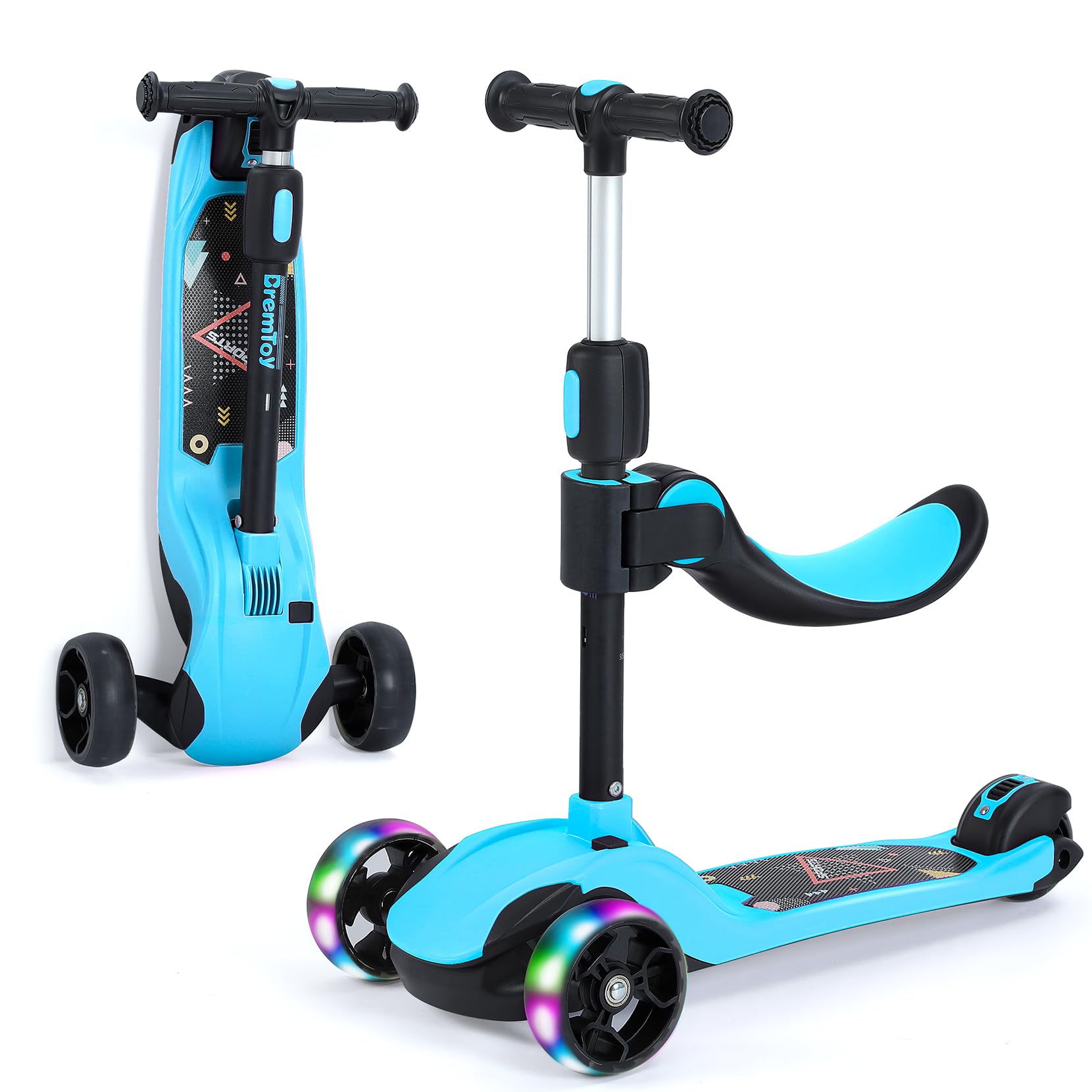 Scooter for Children 1-12 Years, Infinite Height Adjustment, Scooter with Removable Seat, 3 LED Shiny Wheels, Maximum Load 50kg, Gifts for Kids