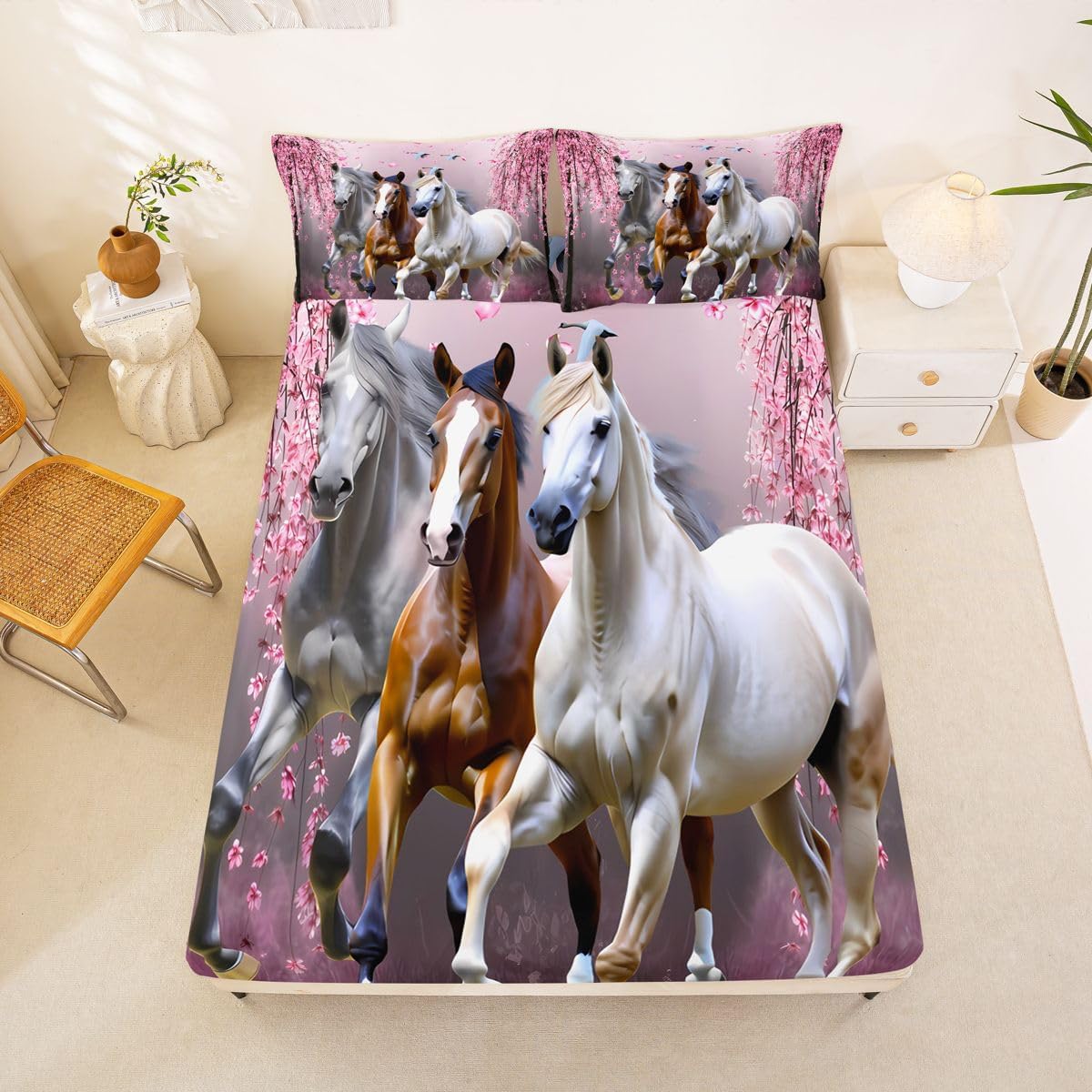Feelyou Boys Horse Bed Sheets Cherry Blossom Branches Steed Kids Sheet Set for Girls Teens Galloping Horse Bed Set 3D Wild Animal Decor Sheets Bedroom Collection 3Pcs Twin Size