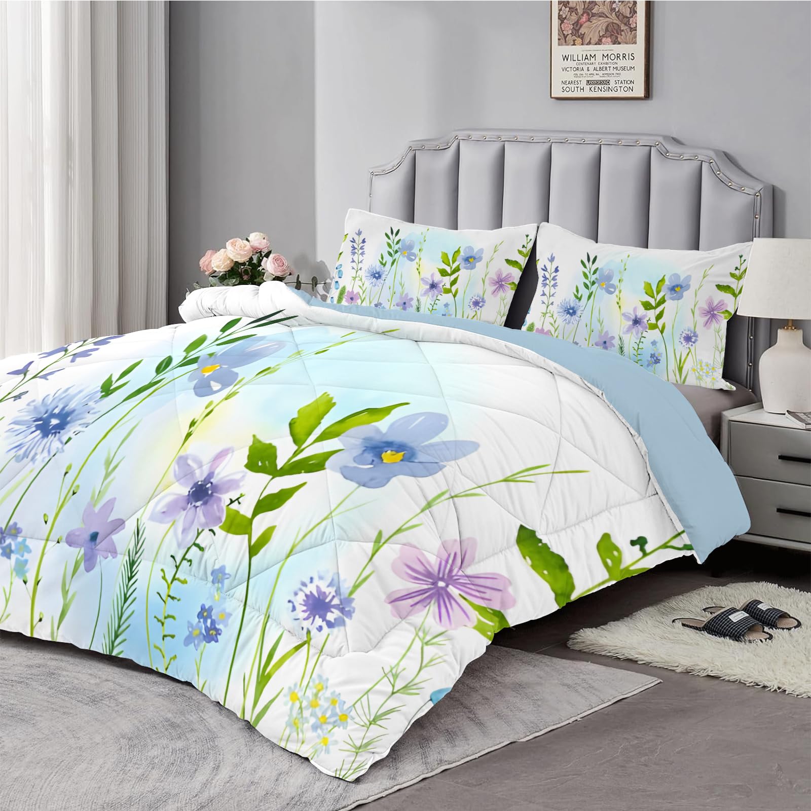 Couette Réversible Imprimée Couette 220x240 Cm - Couette Imprimée 220x240 Floral Réversible - Couette Sans Housse Pour 4 Saisons - Édredon Super Douce Et 2 Taies D'oreiller 65x65 Ensemble Lit Avec Taies