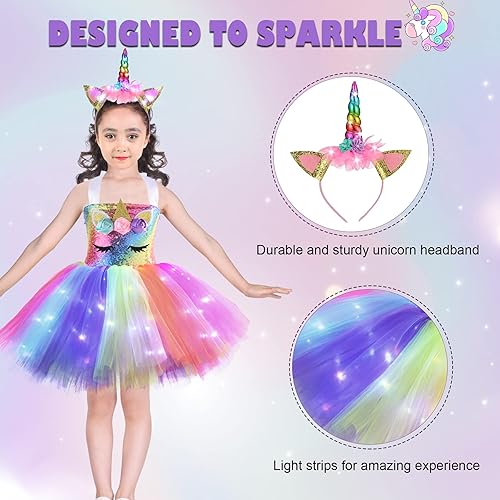 Miniatura 5 de Wish Care Vestido de unicornio para niñas de 3 a 8 años con diadema, tutú iluminado con lentejuelas, vestido de princesa para fiesta de unicornio
