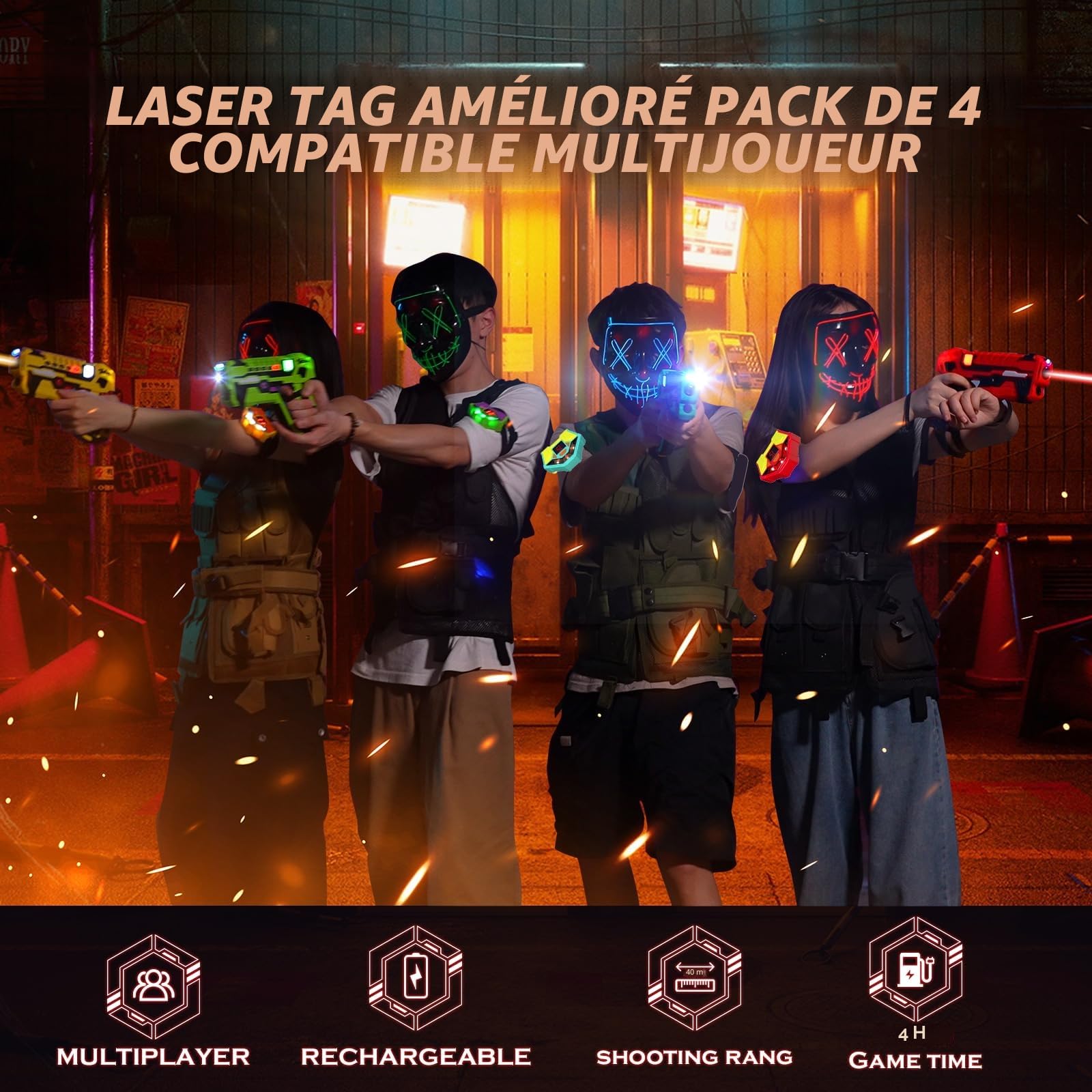 VATOS 4 Paquet Rechargeables Laser Tag - 2,4 GHz Laser Tag Pistolets avec Récepteurs & Station Charge | Pistolets Infrarouges pour Enfants Adolescents Adultes Familial Activité Extérieure Intérieure