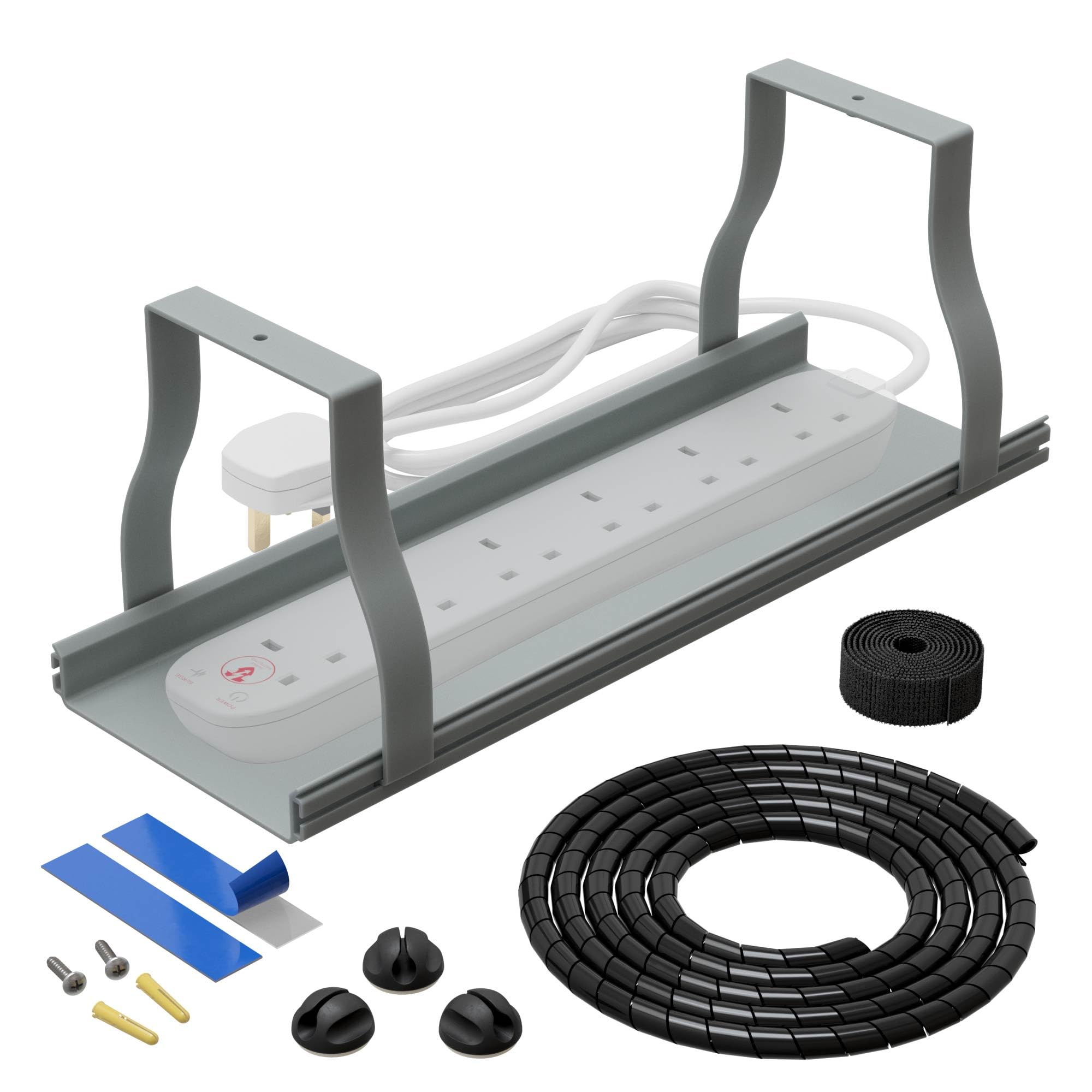 D-Line Desk Cable Organiser Kit, Under Desk Cable Management Tray with Spiral Wrap, Cable Tidy Band & Cable Clips