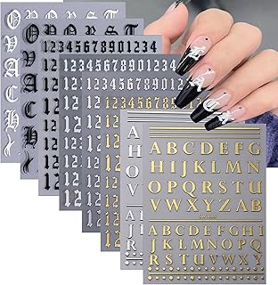 8 Sheets Letters Nail Stickers Decals - Alphabet Numbers Nail Decals Nail Art - Metallic Black Silver Gold Nail Art Stickers - for Women Nail Decoration - Letters