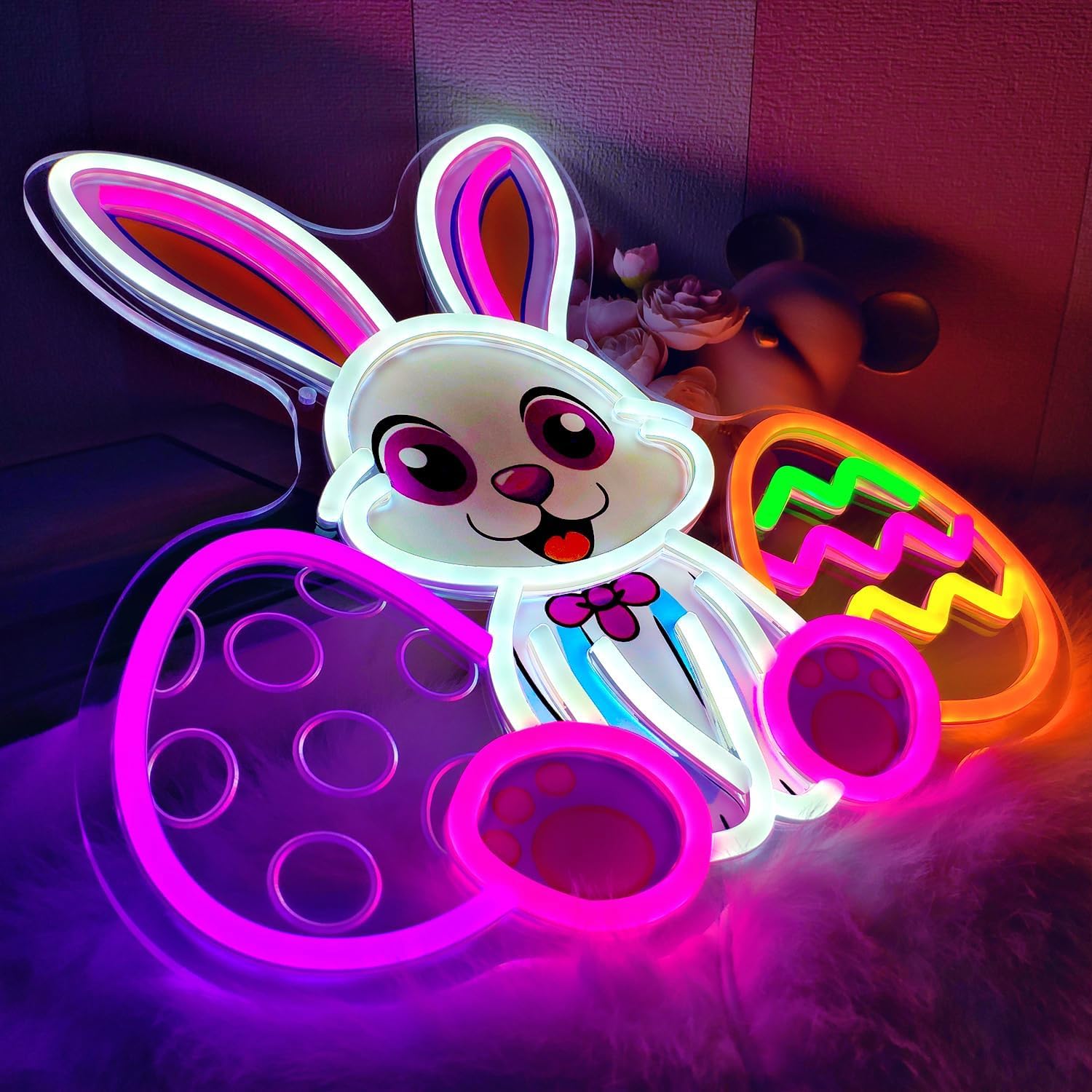 Easter Neon Sign, LED Light Up Bunny Eggs Decorations for Bedroom, Nursery Room, Classroom, Home, Acrylic Wall Mounted Lighted Cartoon Rabbit Decor, Easter Gifts for Boys and Girls, USB Powered