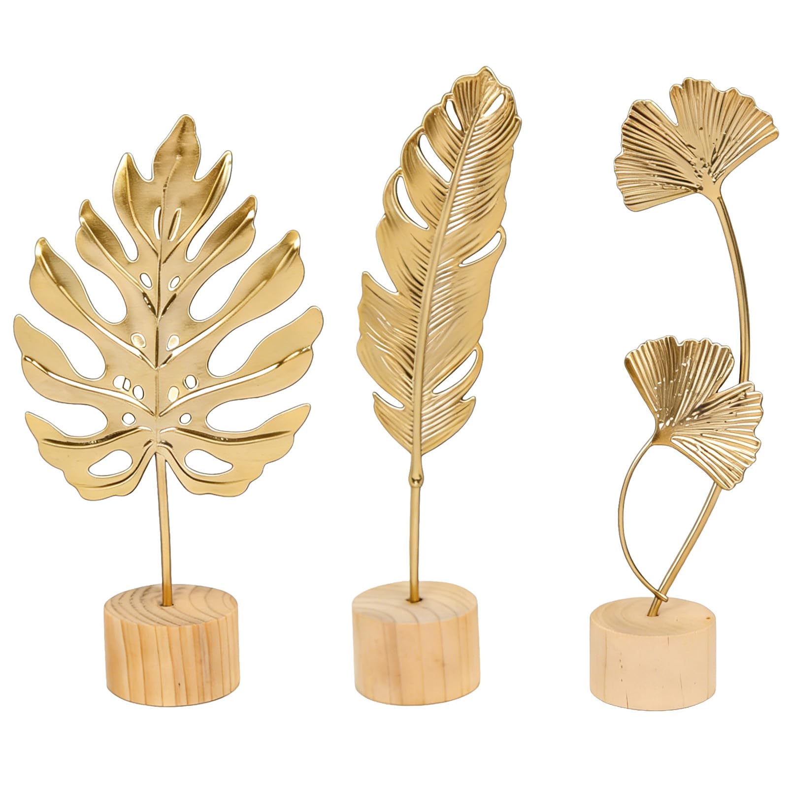 Poeruse 3PCS Gold Ginkgo Leaf, Modern Gold Leaf Sculptures, Metal Ginkgo Leaf Decorations, Table Decor or Sculptures for Living Room, Hallway, Bedroom, Shelf