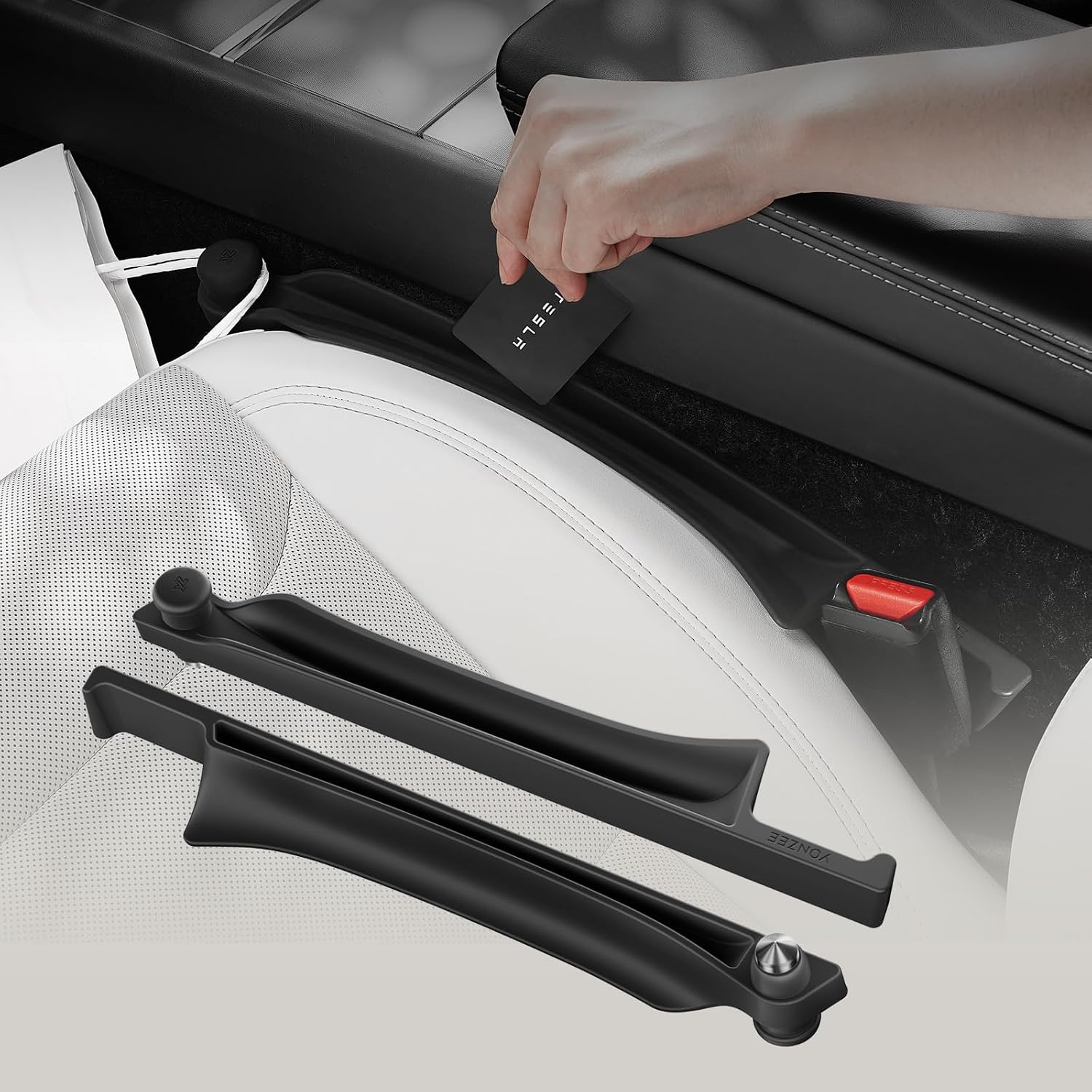 YONZEE Car Seat Gap Filler [2 Pack], Premium Silicone Side Console Organizer with Built-in Emergency Glass Breaker, Universal Fit Automotive Gap Blocker to Prevent Dropping, Car Interior Decor