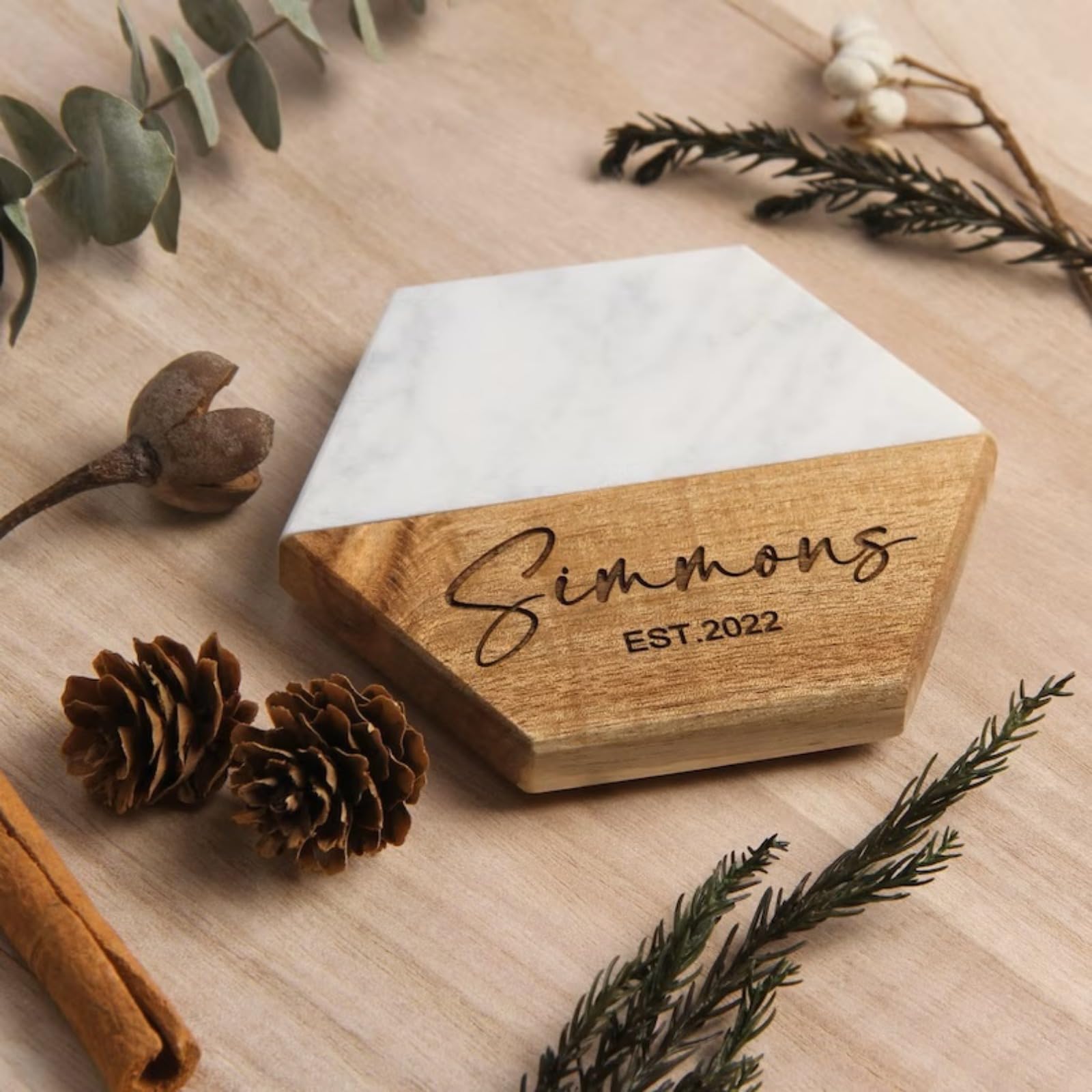 Posavasos personalizados de madera de mármol con nombre grabado redondo/hexagonal, regalos para parejas, para tazas, té, café, bebidas, decoración de mesa (hexágono, 6 piezas)