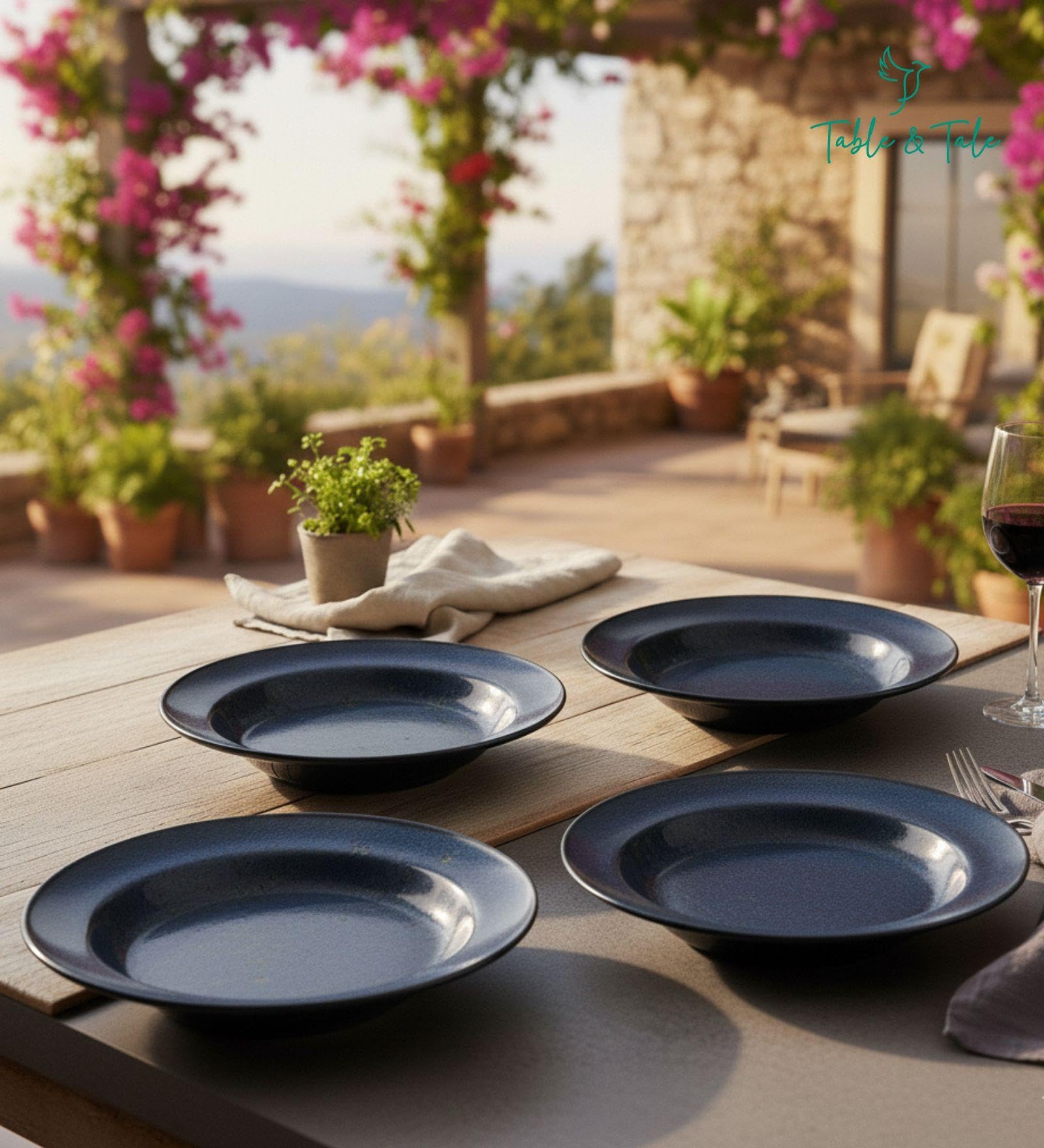 Table & Tale Premium Porcelain Deep Plate with Elegant Blue Pattern | Scratch & Chip Resistant | Made in Sri Lanka | Ideal for Soups, Pasta & Curries | Microwave & Dishwasher Safe |Set of 4 3