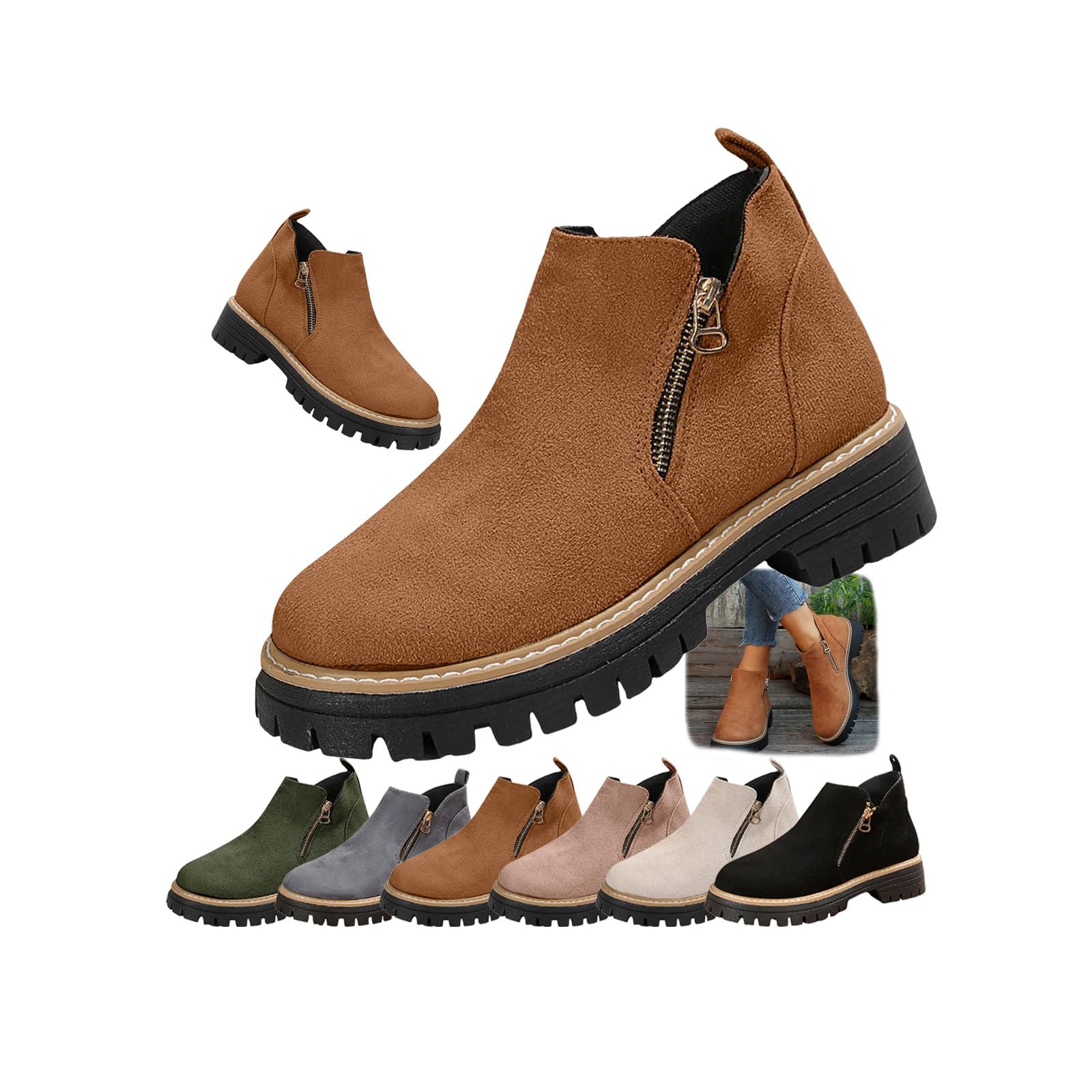 Fall Boots for Women Womens Ankle Boots Round Toe Chunky Stacked Heel Booties Zip Up Western Shoes Low