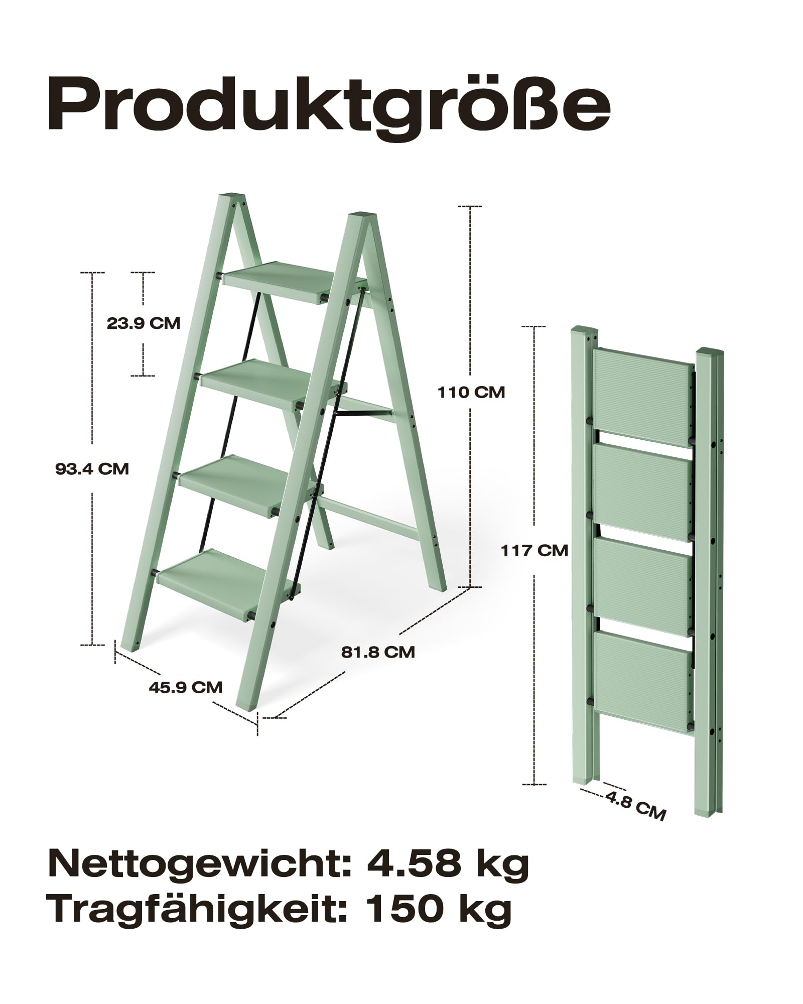 Escalera Plegable de 4 peldaños, Capacidad de 150 kg con Pedal Antideslizante, Taburete portátil de Aluminio, fácil de Guardar, Interior y Exterior, Aspecto estético, Color Verde Claro