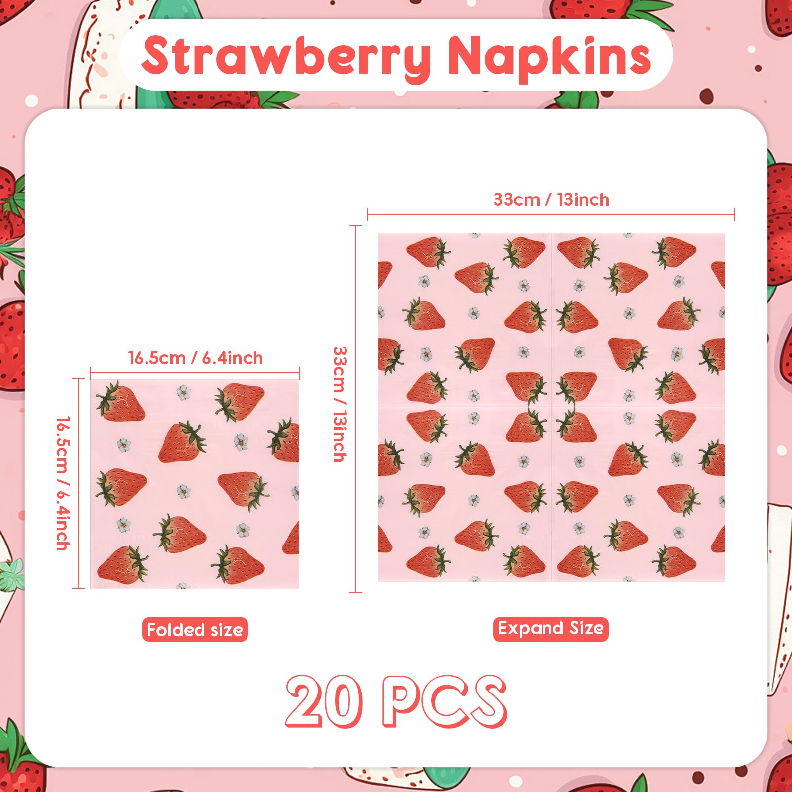 iNINGER 20Pcs Strawberry Napkins,Paper Napkins,Cocktail Napkins Dinner Napkins,Soft Paper Napkins Party Serviettes Tableware for Birthday Strawberry Themed Party
