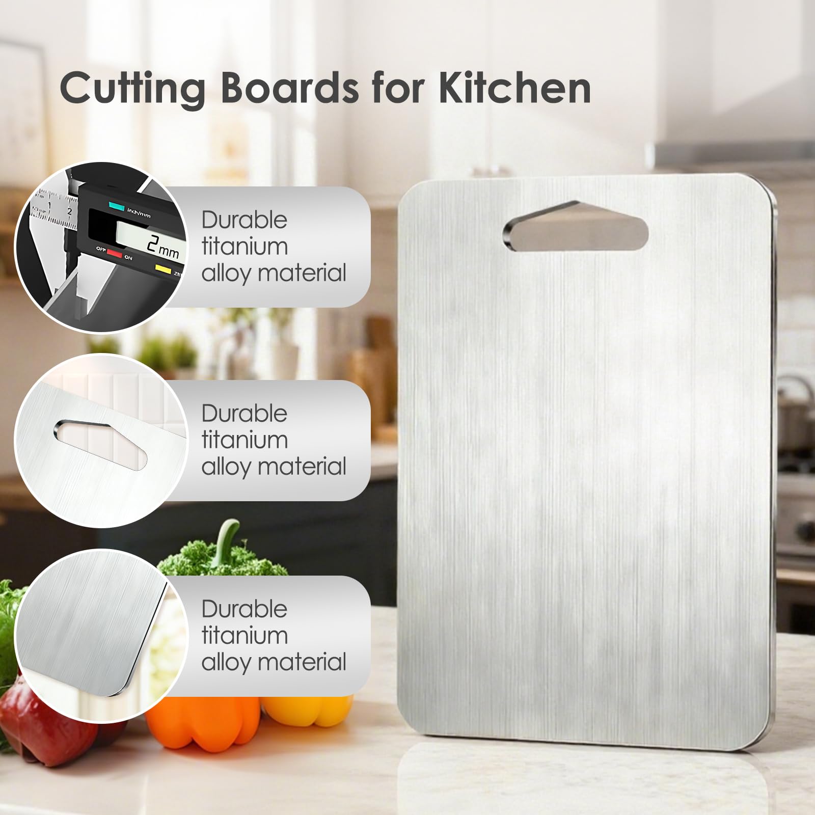 Titan Schneidebrett Set 3-teilig,S316 Schneidebrett Edelstahl,2 mm Verdickt,Mit Anti-Rutsch-Pad,BPA-freies Doppelseitiges Lebensmittel Titanium Cutting Board, ideal für Fleisch, Brot, Gemüse & Obst