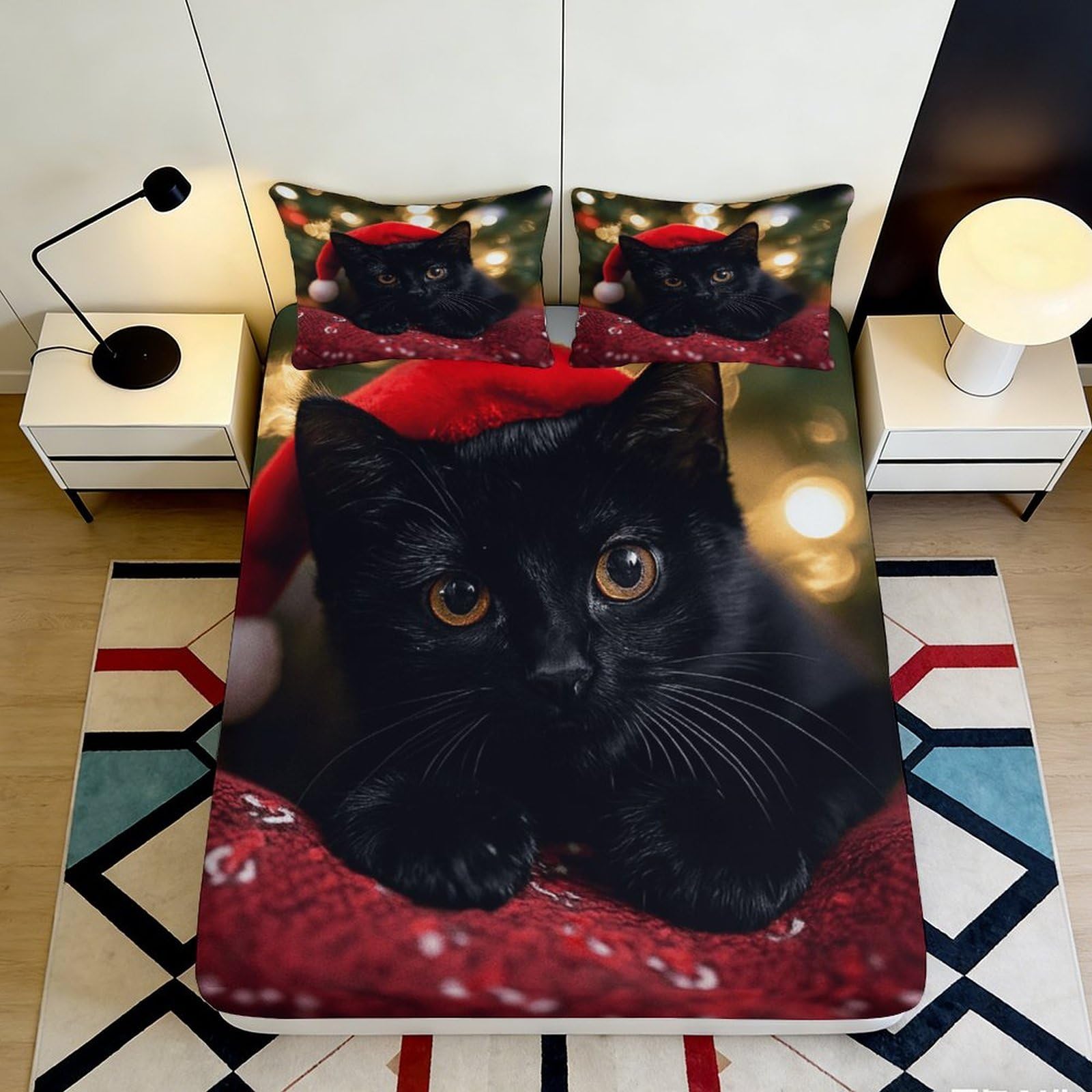 3D Printed Cat Theme Fitted Sheet Microfiber Deep Pocket Non-Slip Bedroom Bedding Cat Mattress Fitted Cover Washable for Adults 200x200x25cm