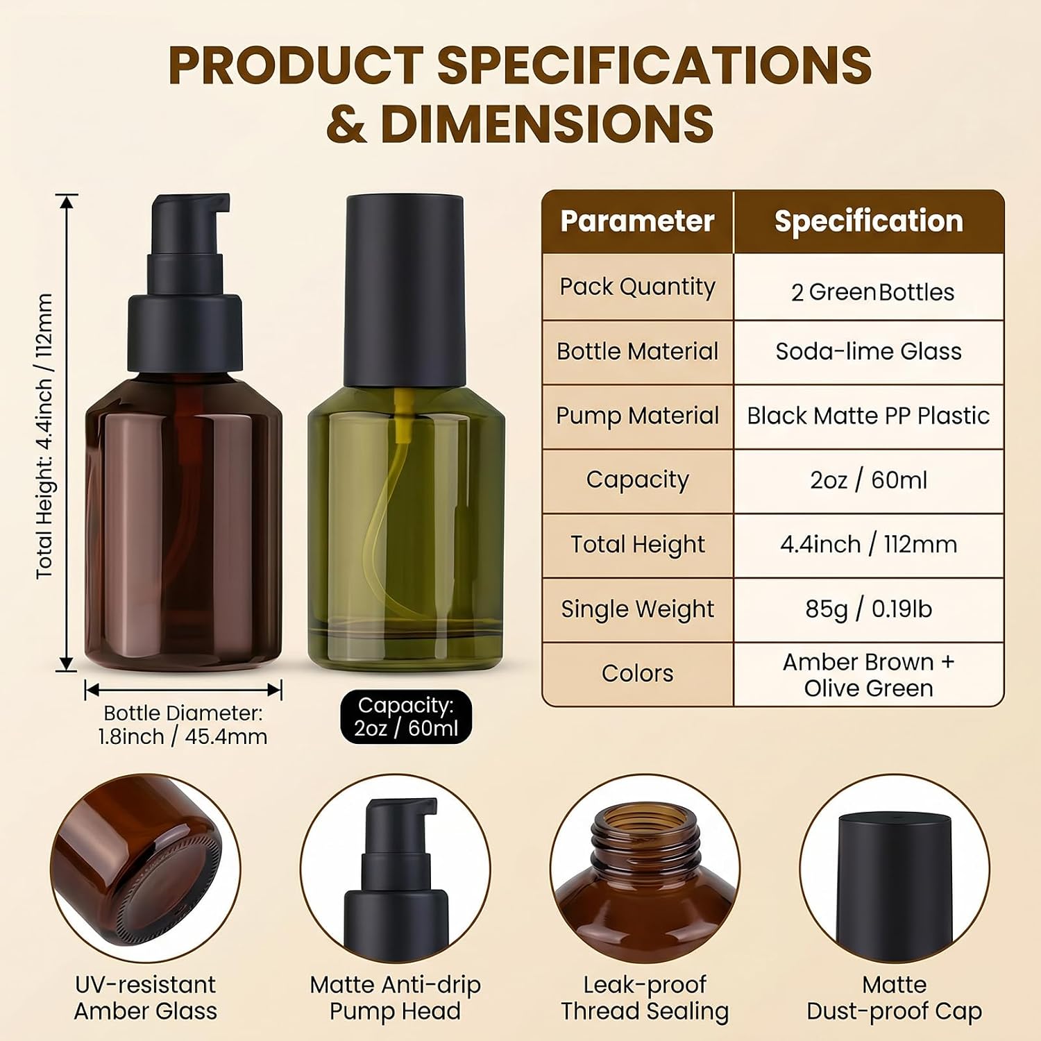 2Pack 60ml Glass Lotion Pump Bottles with Black Cap image 2