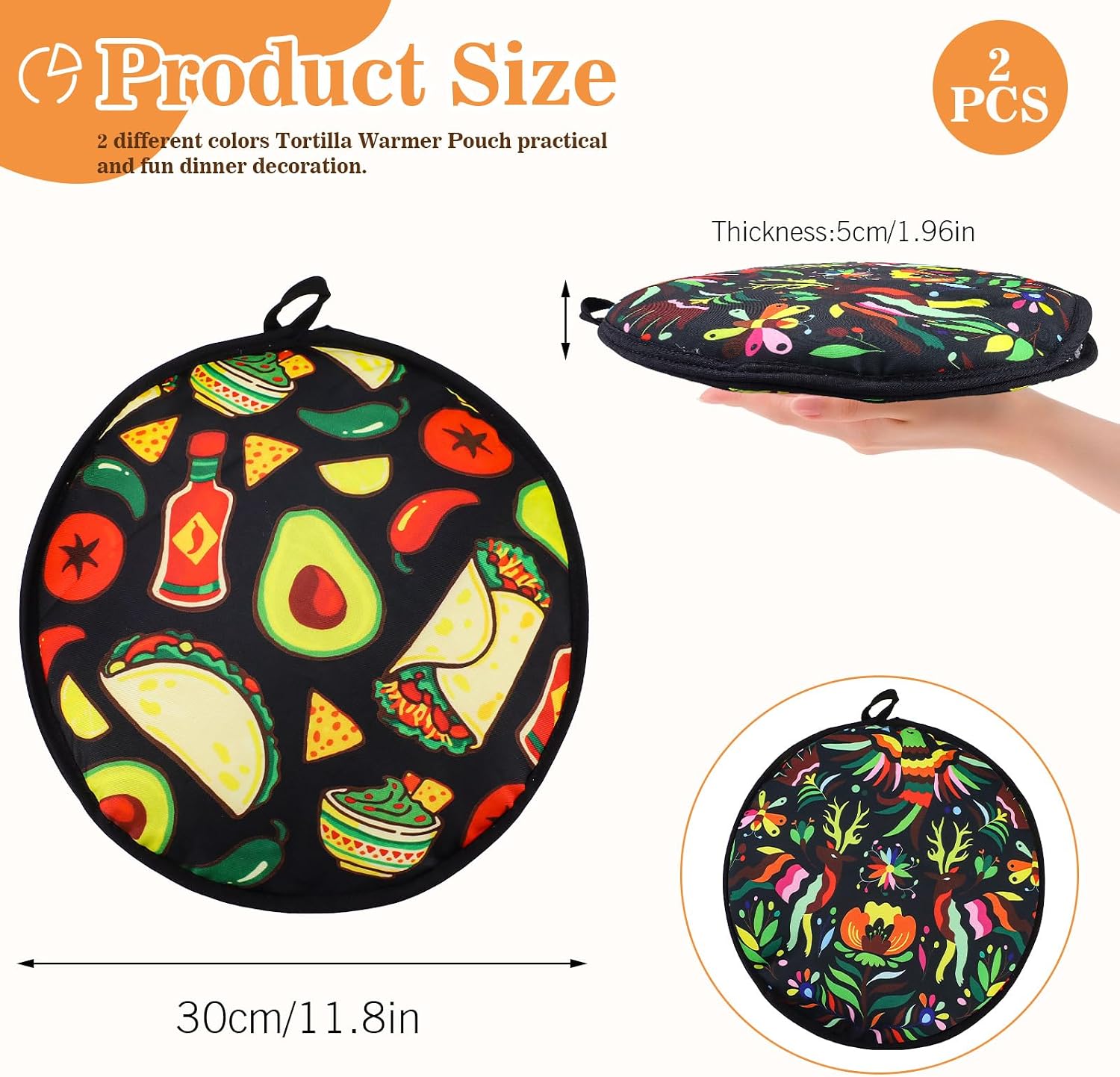 2PCS 12in Tortilla Warmer Pouch, Microwaveable Insulated Polyester Fabric Tortilla Warmer with Hanging Rope, Double-Sided Pattern Food Storage Tool for Pitas, Pizza, Pancakes, Picnic and Gathering